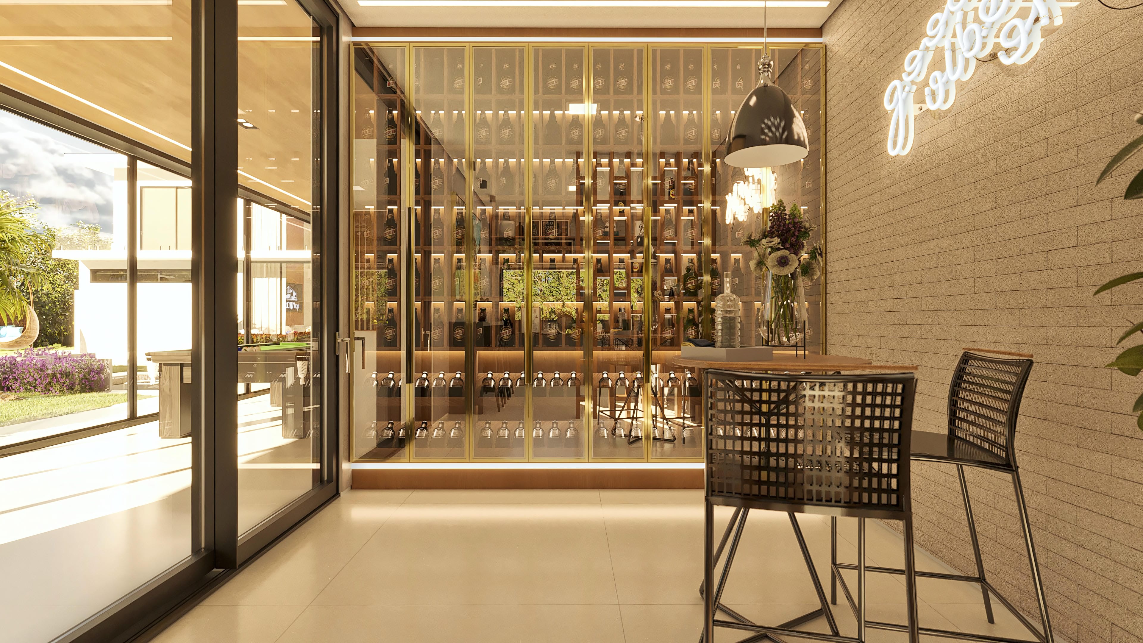 Detalle de bodega climatizada con puertas de cristal doradas e iluminación interior, integrada a un salón con pared de ladrillos texturizados.