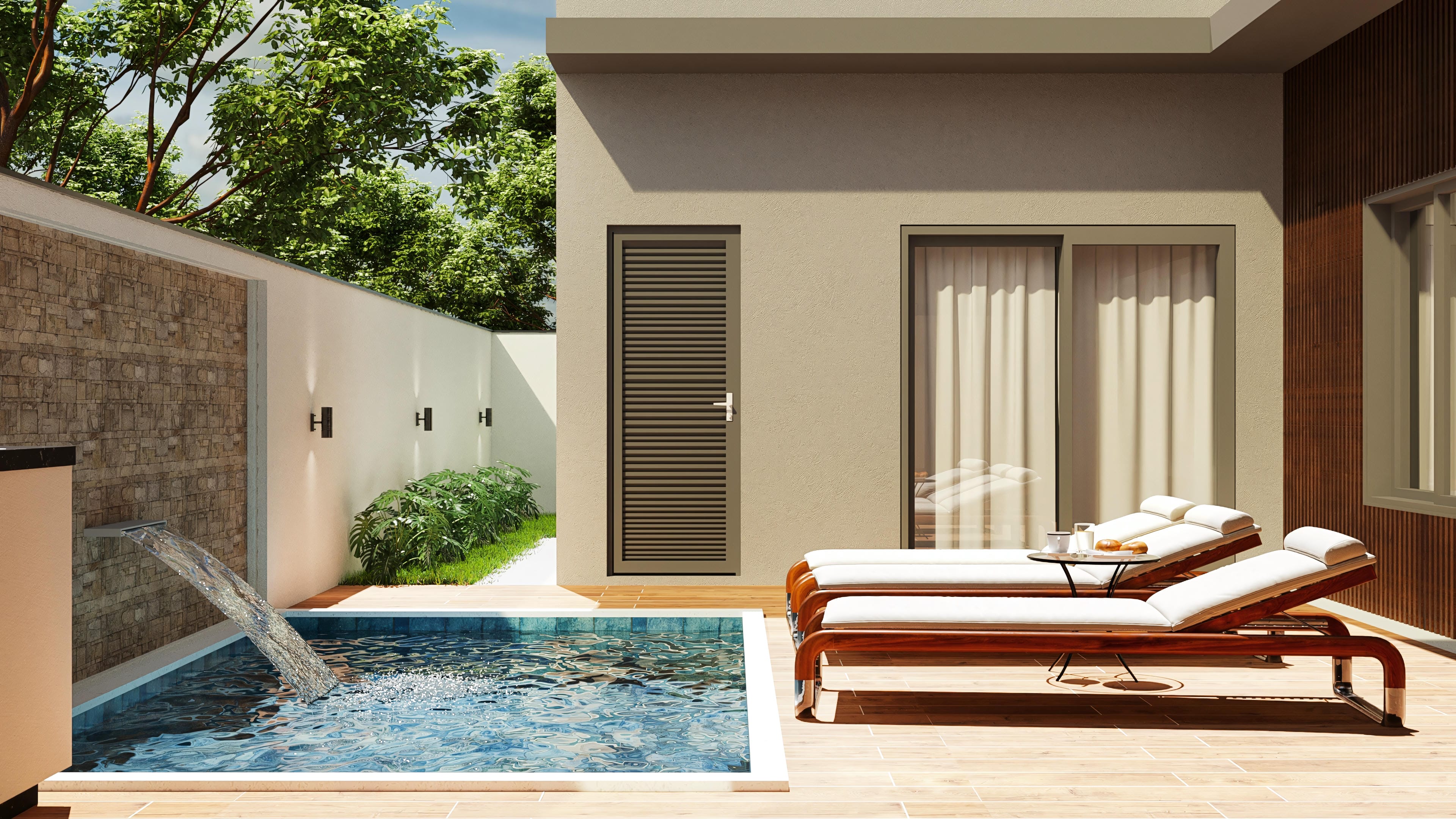 Fachada de casa de una planta moderna con piscina, deck de madera y área gourmet. Detalles en piedra y textura en las paredes.