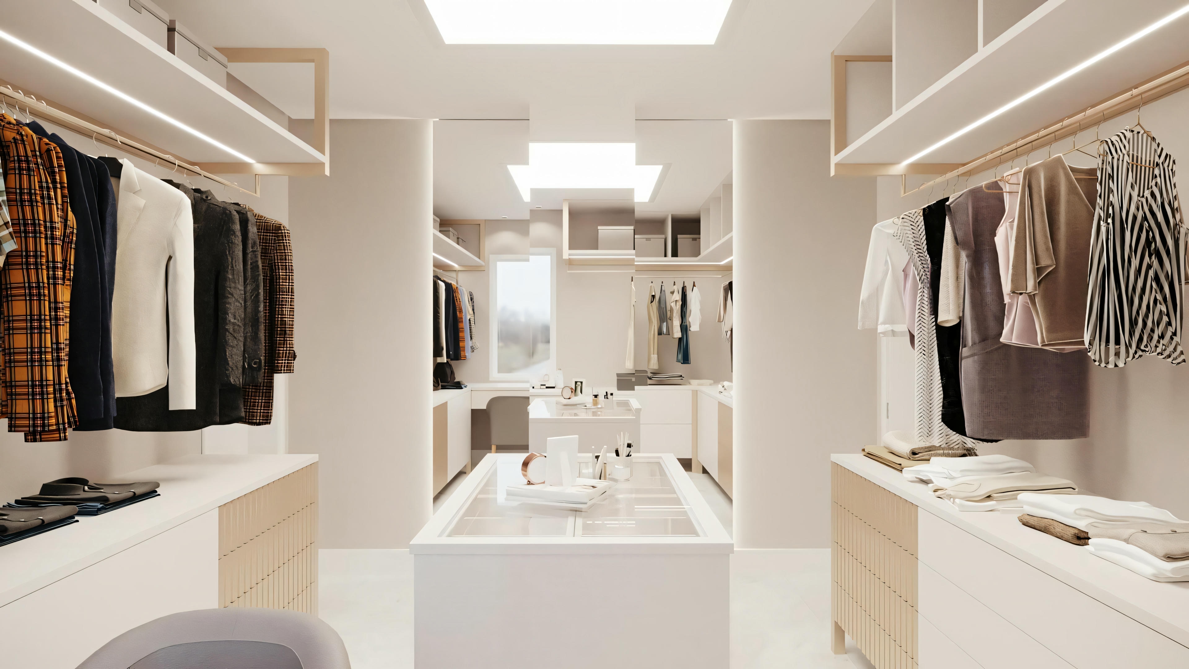 Closet de luxo planejado na suíte master de projeto residencial, com ilha central, iluminação LED, armários abertos e penteadeira ao fundo.