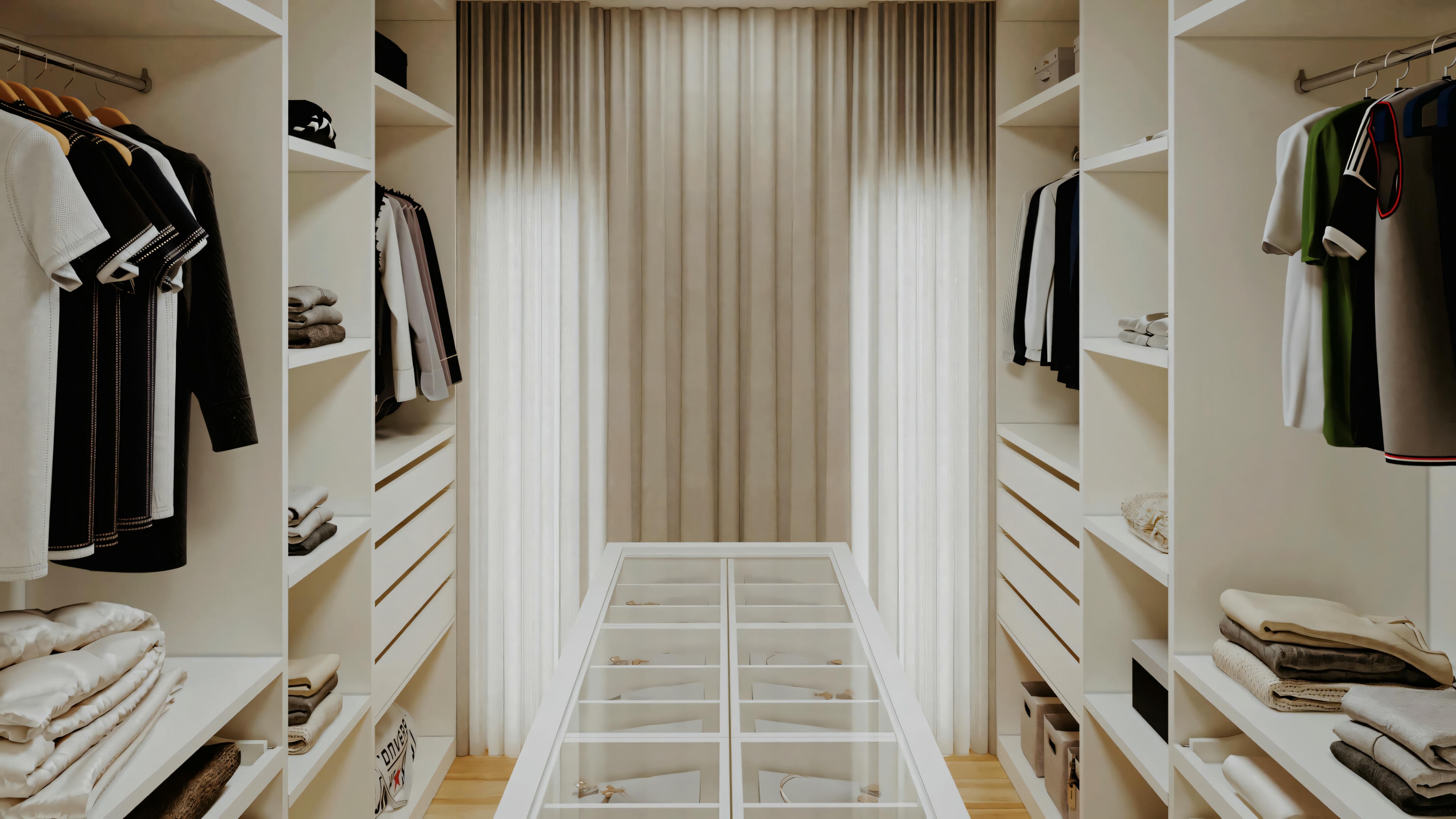 Um closet bem organizado com roupas penduradas em cabides e prateleiras com compartimentos de armazenamento.