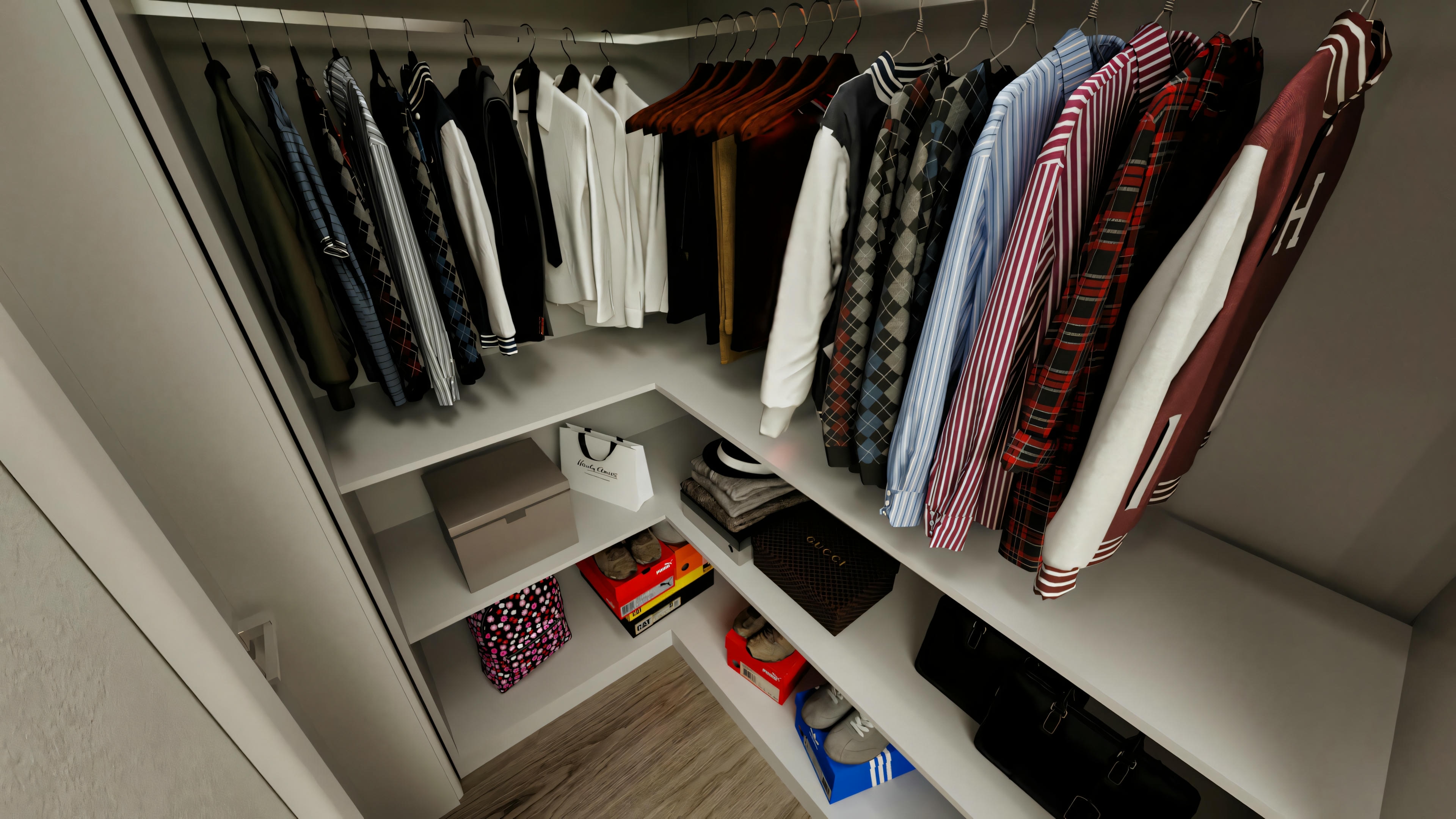 Closet planejado em L com prateleiras e cabideiros, pertencente a uma das 4 suítes de um projeto de casa térrea moderna com 316.98m² e piscina.