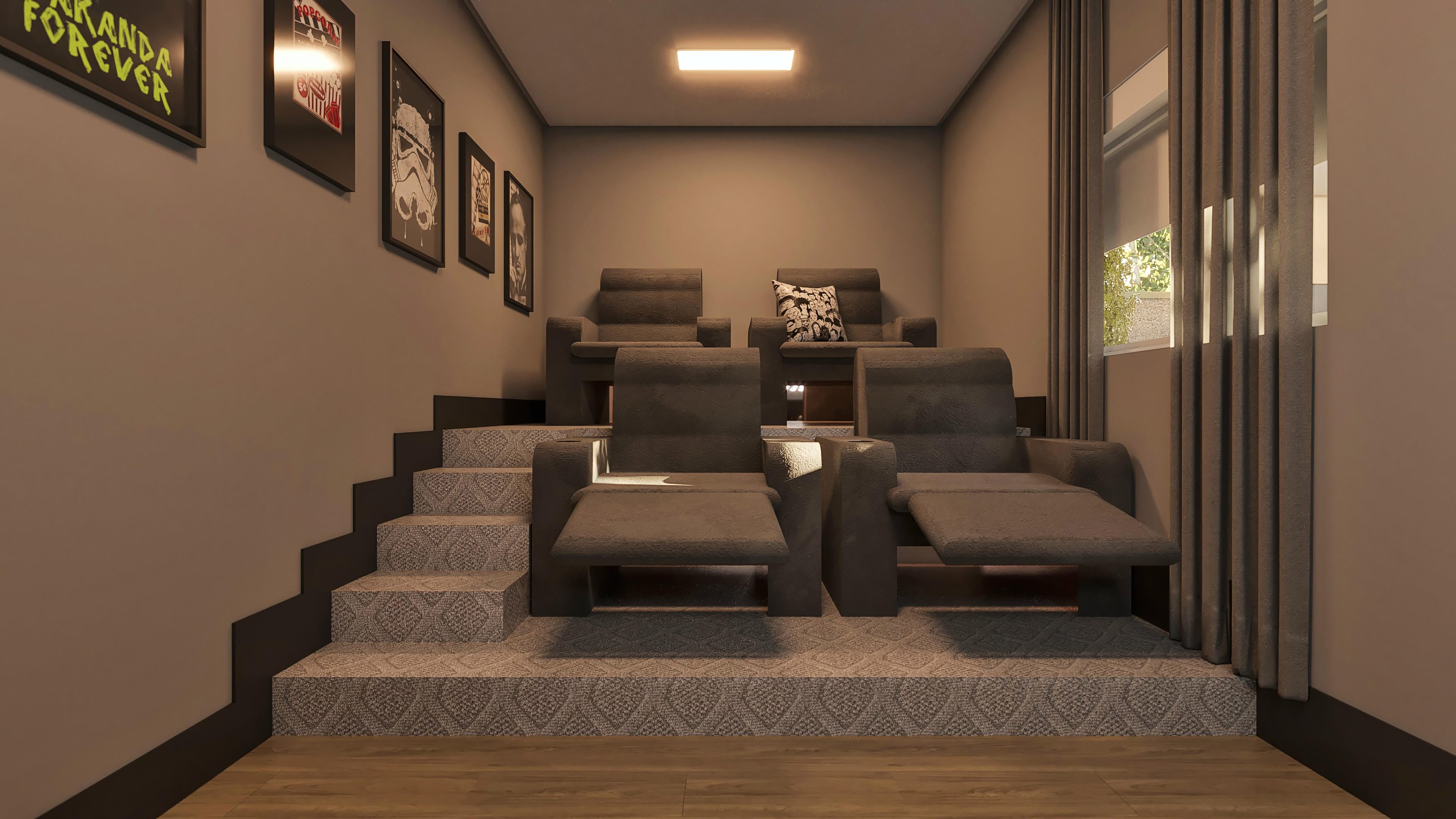 Home theater environment with reclining seats in cascade, textured cladding on the stairs, and decorative paintings on the walls.