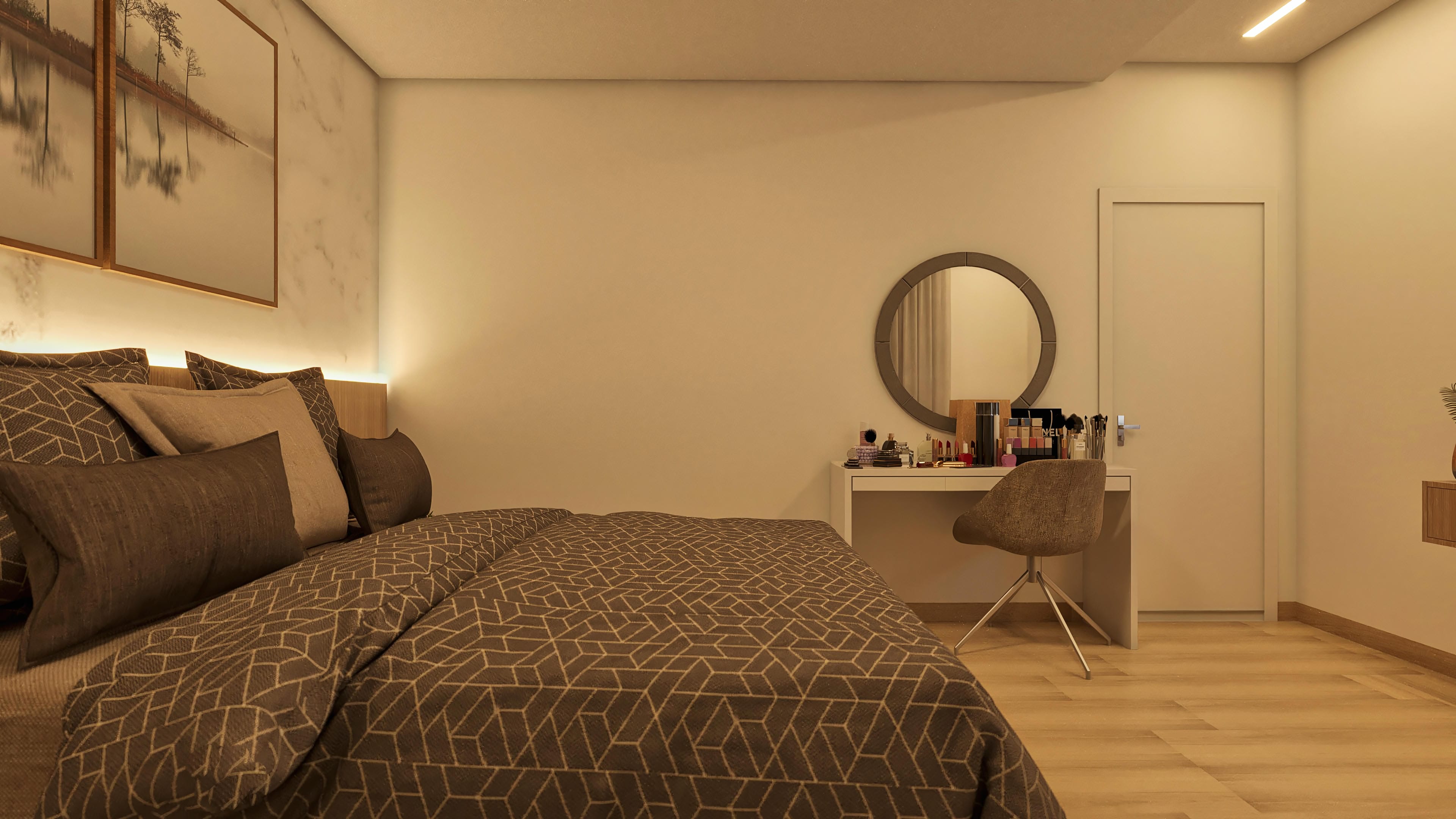 Modern bedroom with king-size bed, brown bedding with geometric print, makeup table with round mirror, and LED lighting.