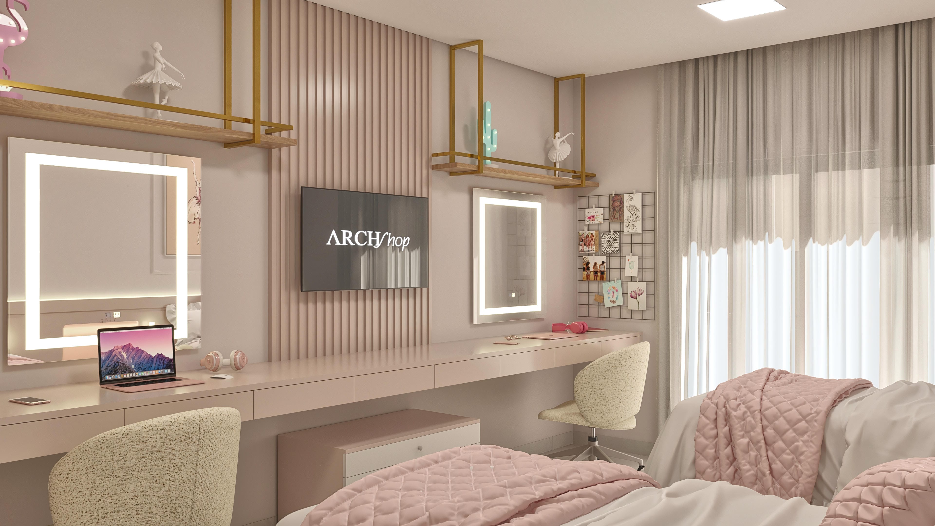 Internal environment with LED lighting, illuminated mirror, workbench, chair, and a bed with pink details.