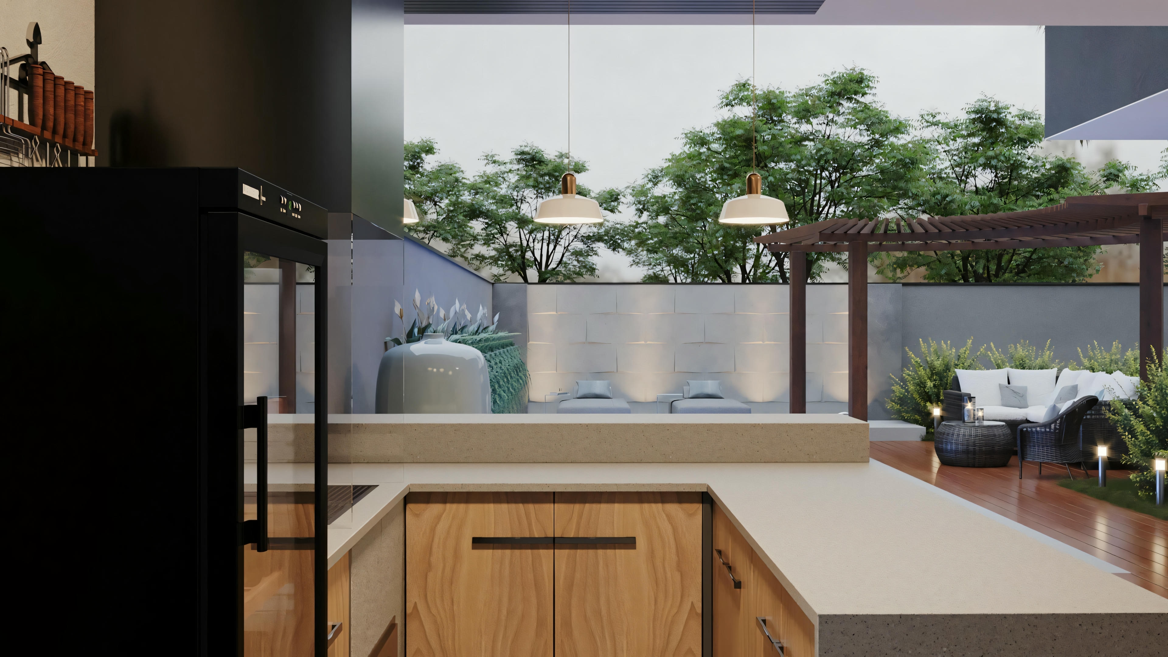 Un dormitorio con decoración contemporánea y vista a un área exterior con piscina, destacando la iluminación ambiental.
