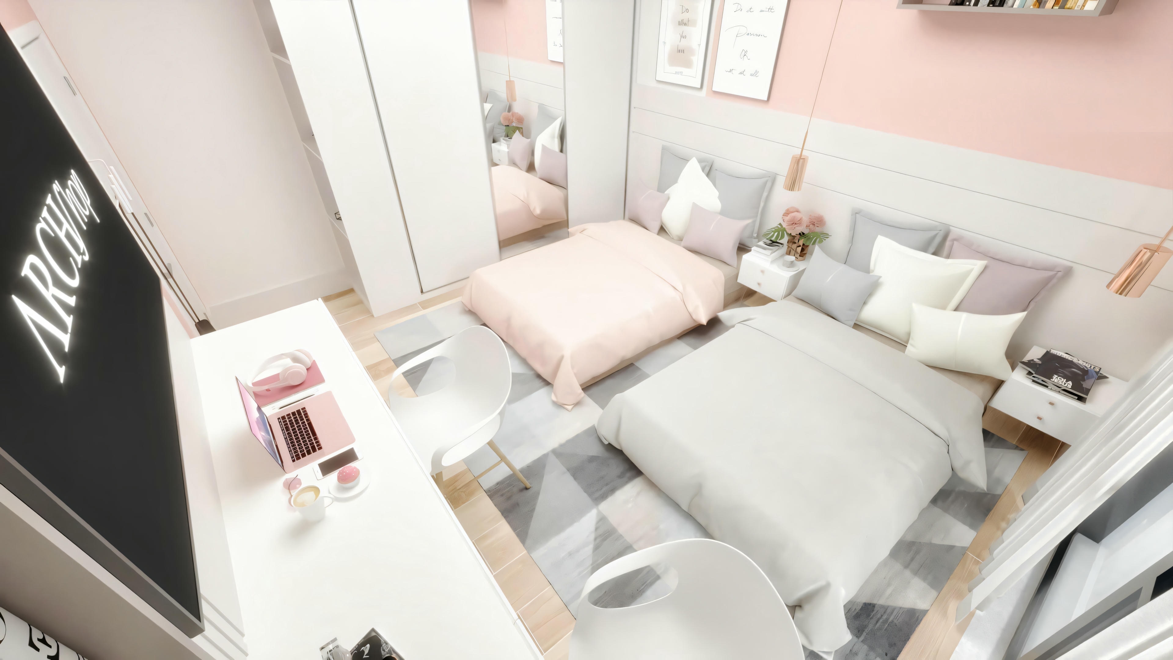 Dormitorio moderno con cama, ropa de cama rosa y gris, área de trabajo con computadora y libro abierto en la cama.