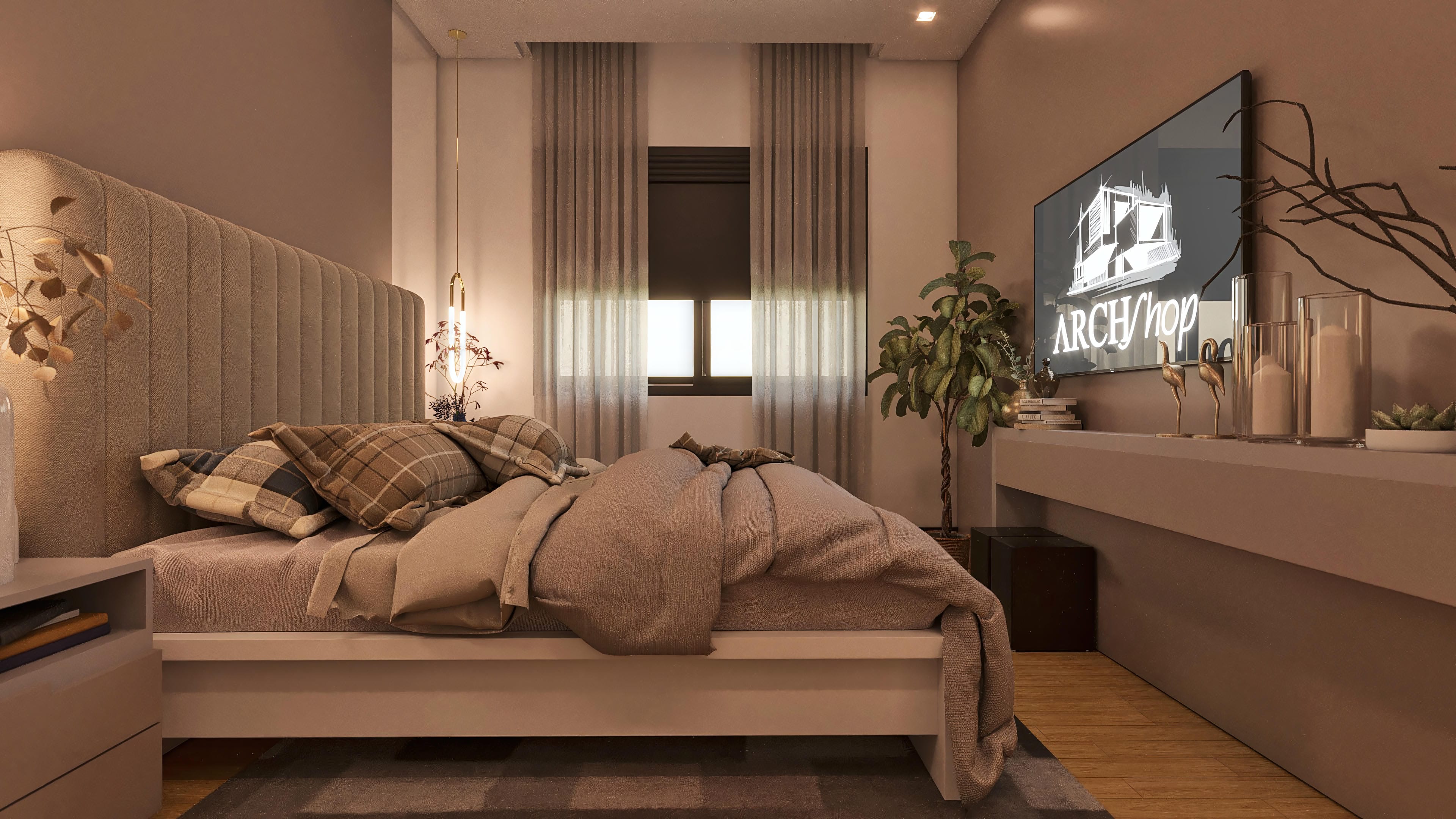Interior de un dormitorio moderno con cama king-size en destaque, cabecero tapizado en tono beige, mesa de noche con nichos, y detalles de iluminación y decoración.