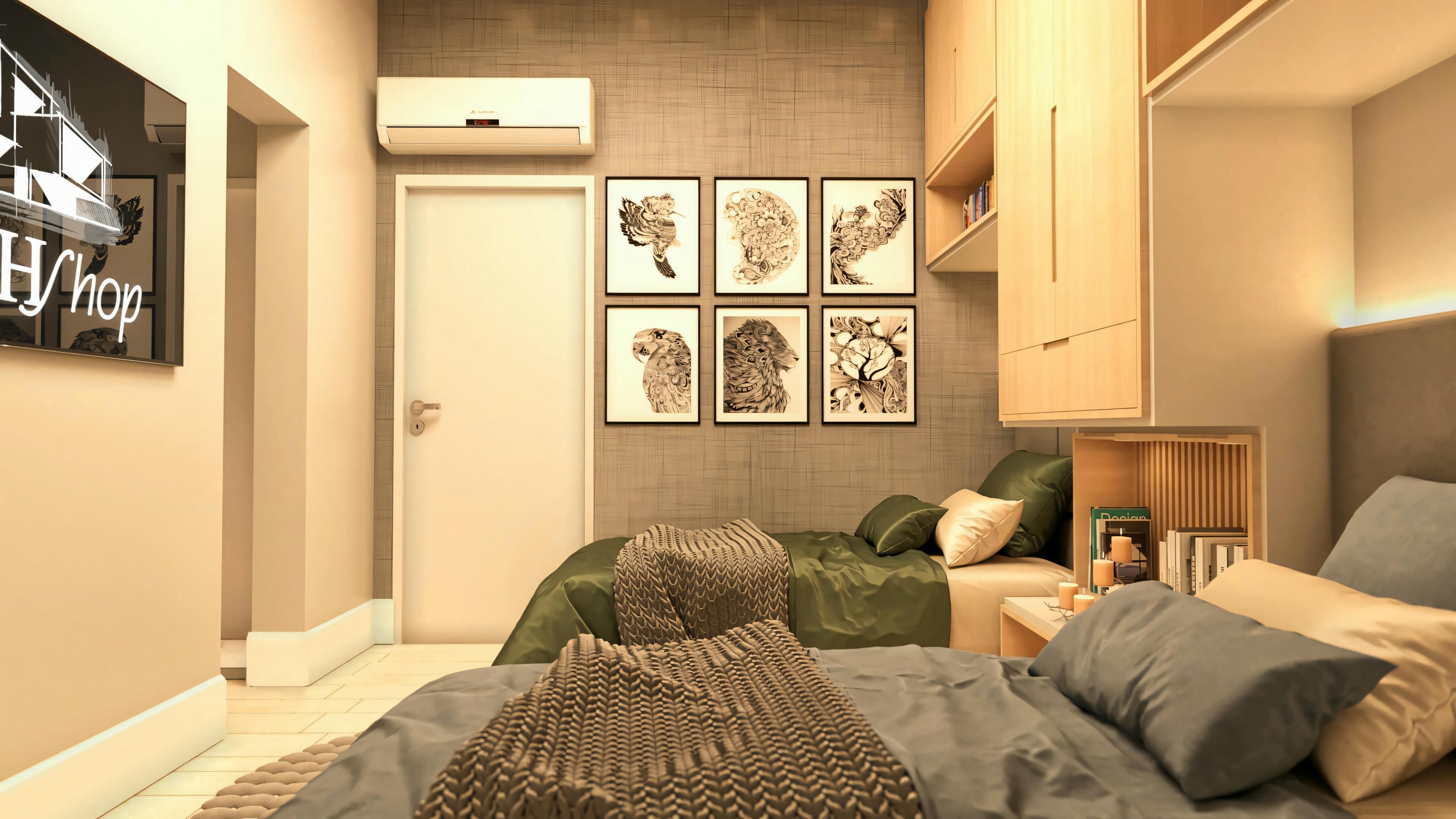 Otra vista del dormitorio suite con dos camas de soltero en la casa de planta baja con 3 suites, mostrando la disposición del mobiliario planeado, TV en la pared y aire acondicionado. Proyecto casa 3 suites.
