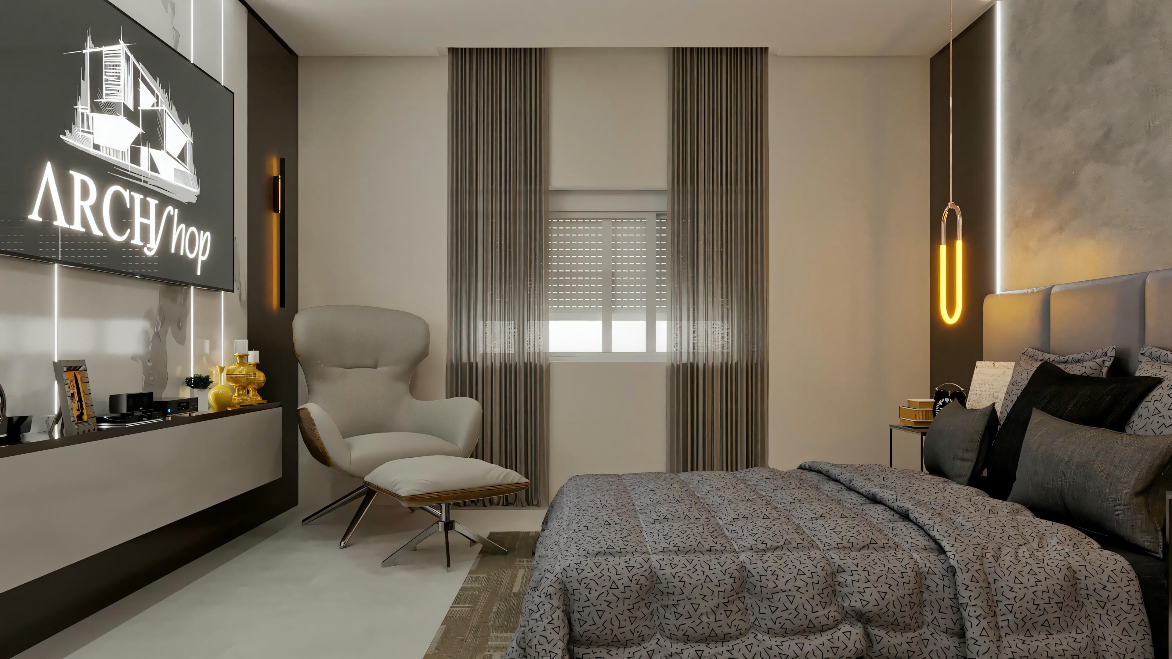 General view of one of the 3 suites in this Archshop modern residential project. Gray-toned bedroom with TV panel, reading corner with armchair and bed with upholstered headboard. Essential part of this 3-bedroom house plan.