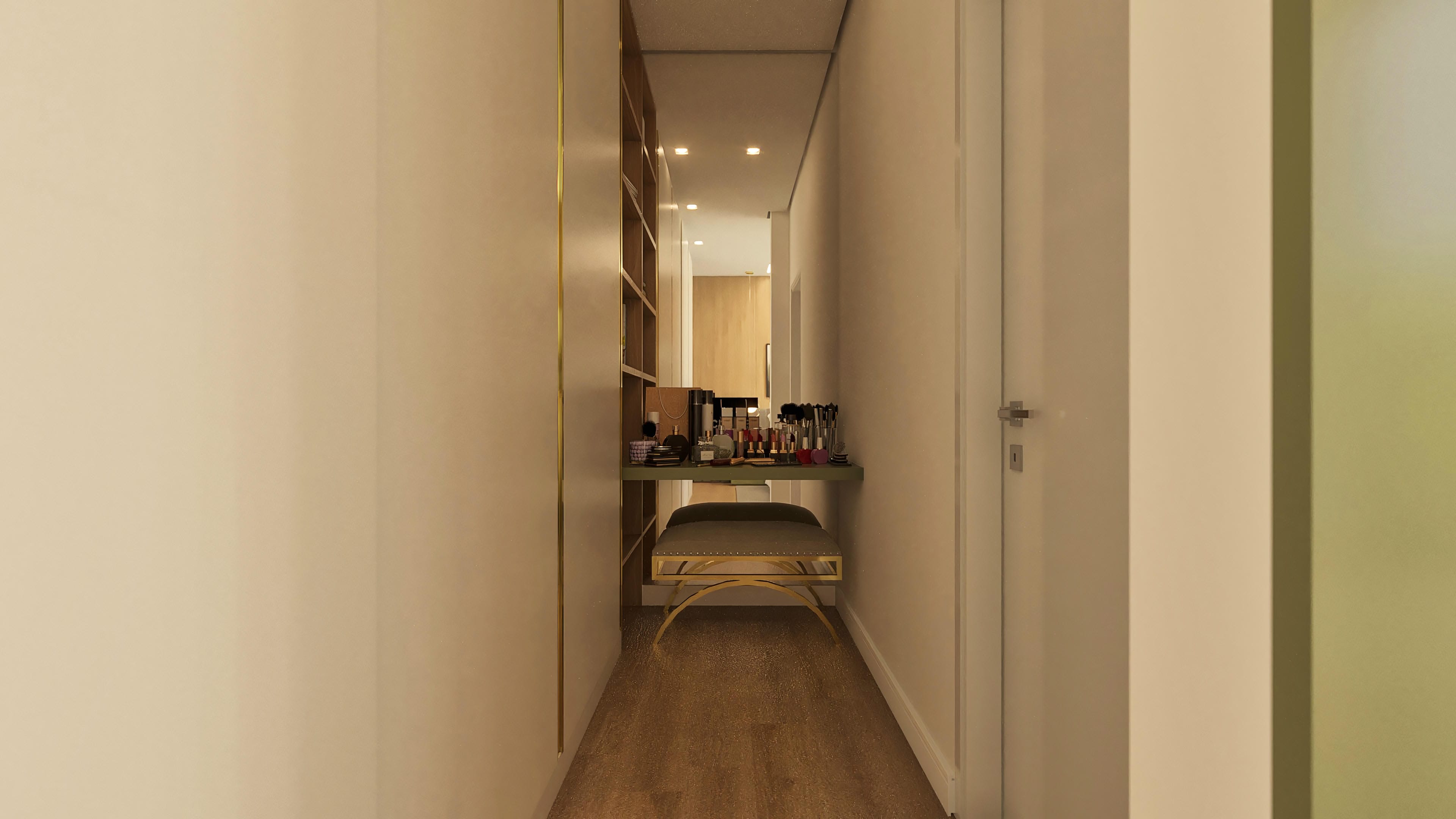 Interior of a house with a narrow hallway, featuring a minimalist vanity with a decorative mirror and recessed lighting.