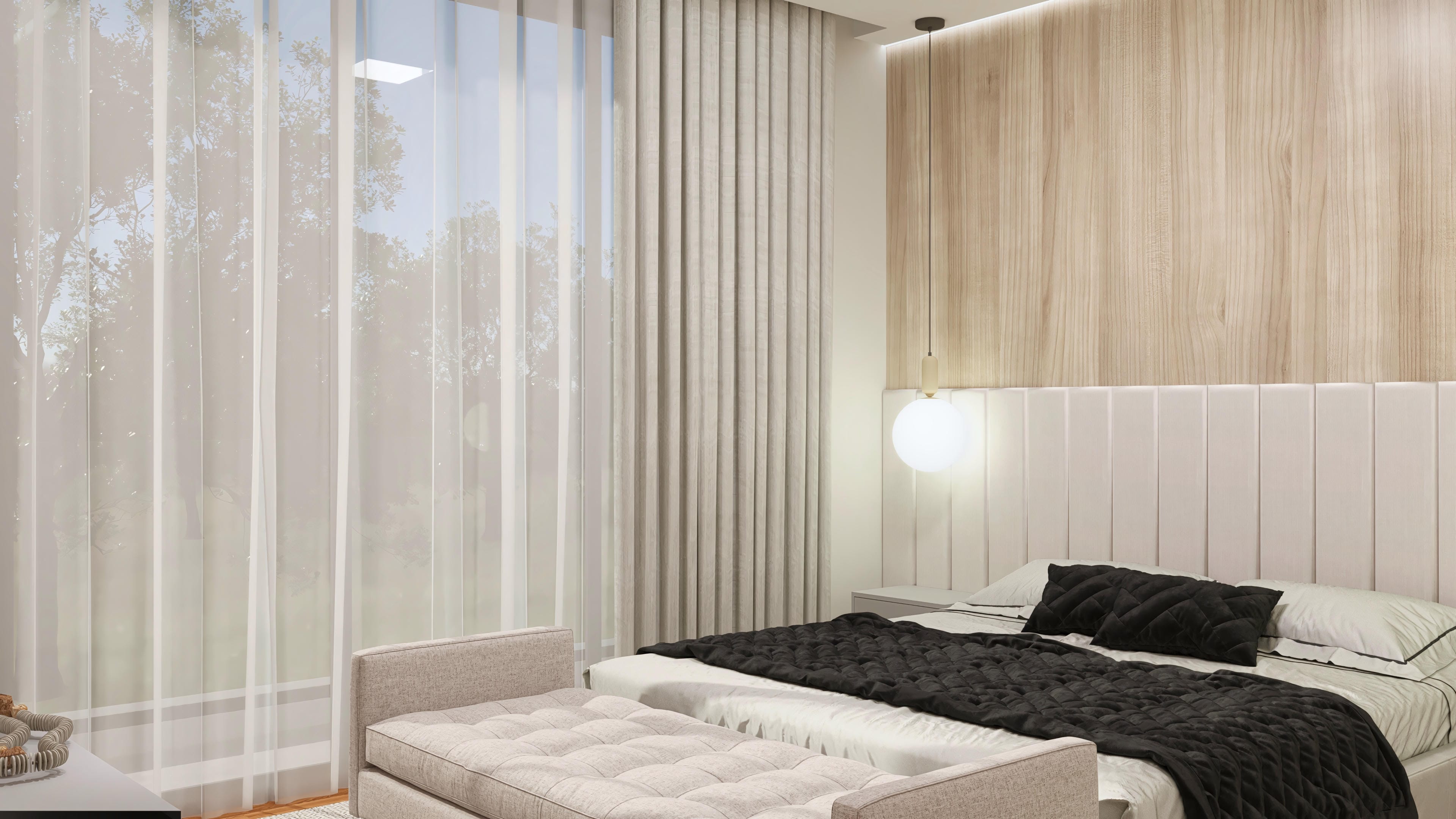 Ambiente interno de cuarto con tonos neutros, iluminación indirecta y detalle en madera listonada en la pared, complementando la decoración.