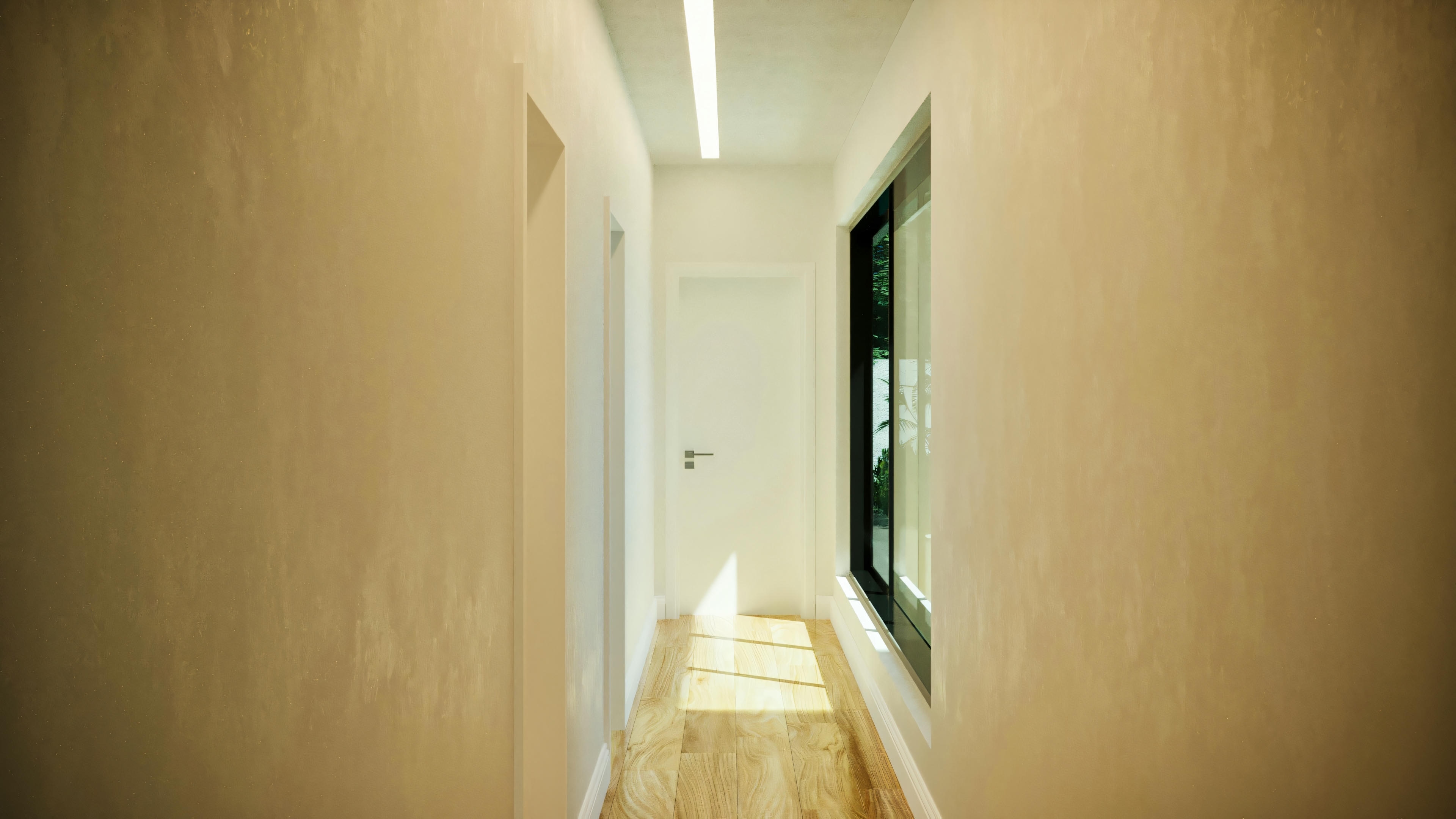Internal hallway with wooden flooring, light-toned textured walls, linear ceiling lighting and side window, in a house with 3 suites.
