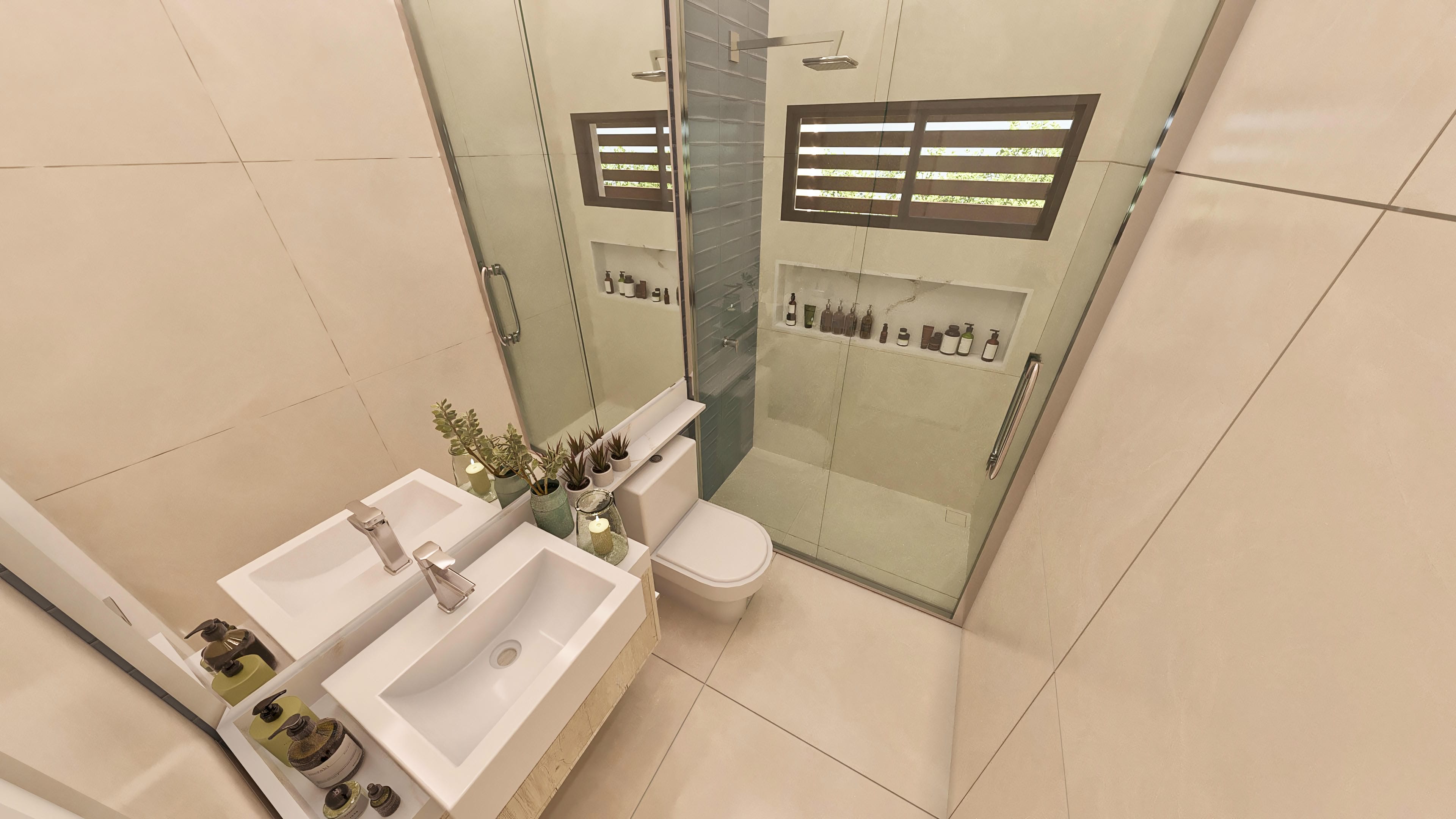 Countertop with two white sinks and chrome metals, large mirror, and clear glass shower stall with a niche for toiletries. Cladding in neutral tones.