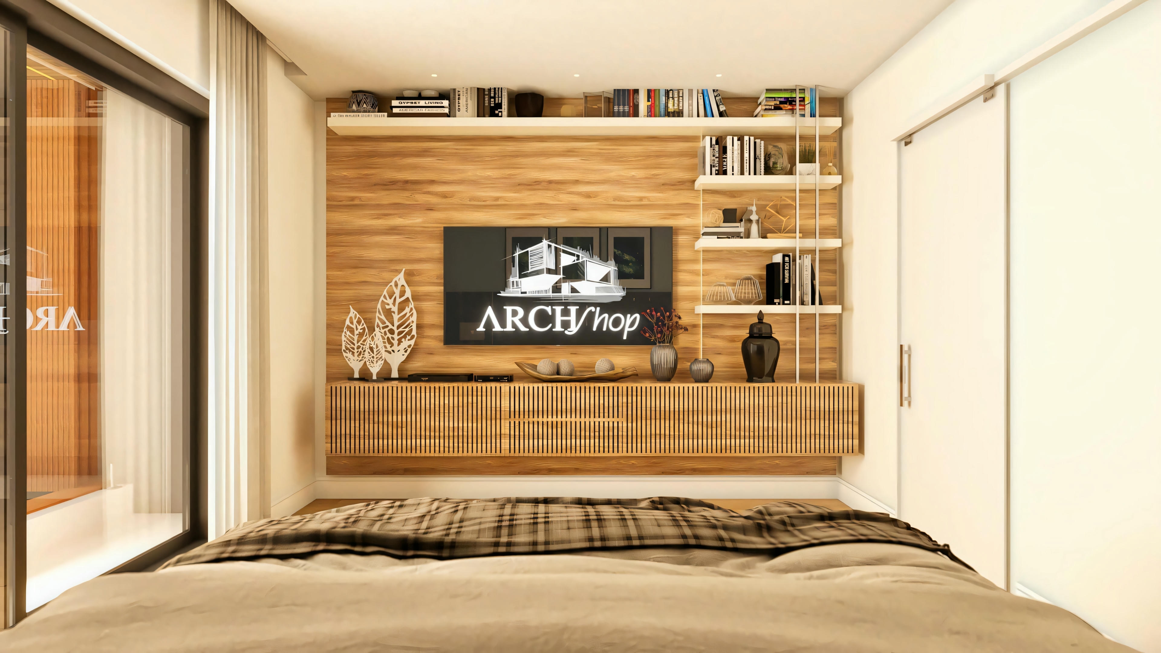View from the bed in the third master suite of the 330m² two-story house architectural project, showing the wood TV panel with a suspended slatted rack and shelves, and the wardrobe with light-colored sliding doors on the right. Part of the balcony access door visible on the left.