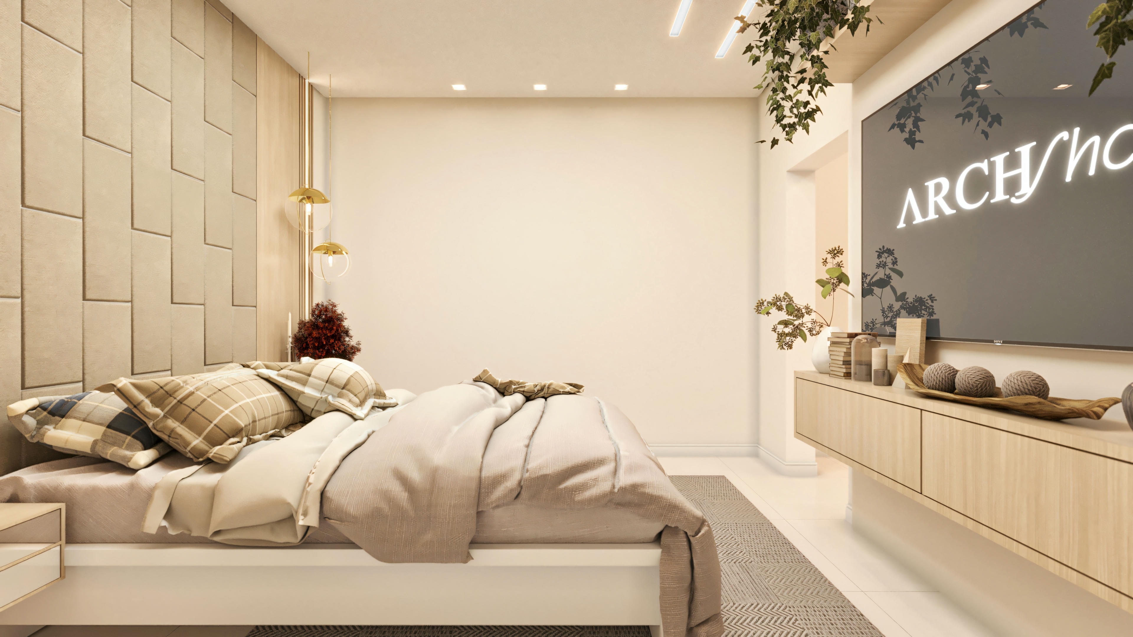 Master suite interior project with TV panel.