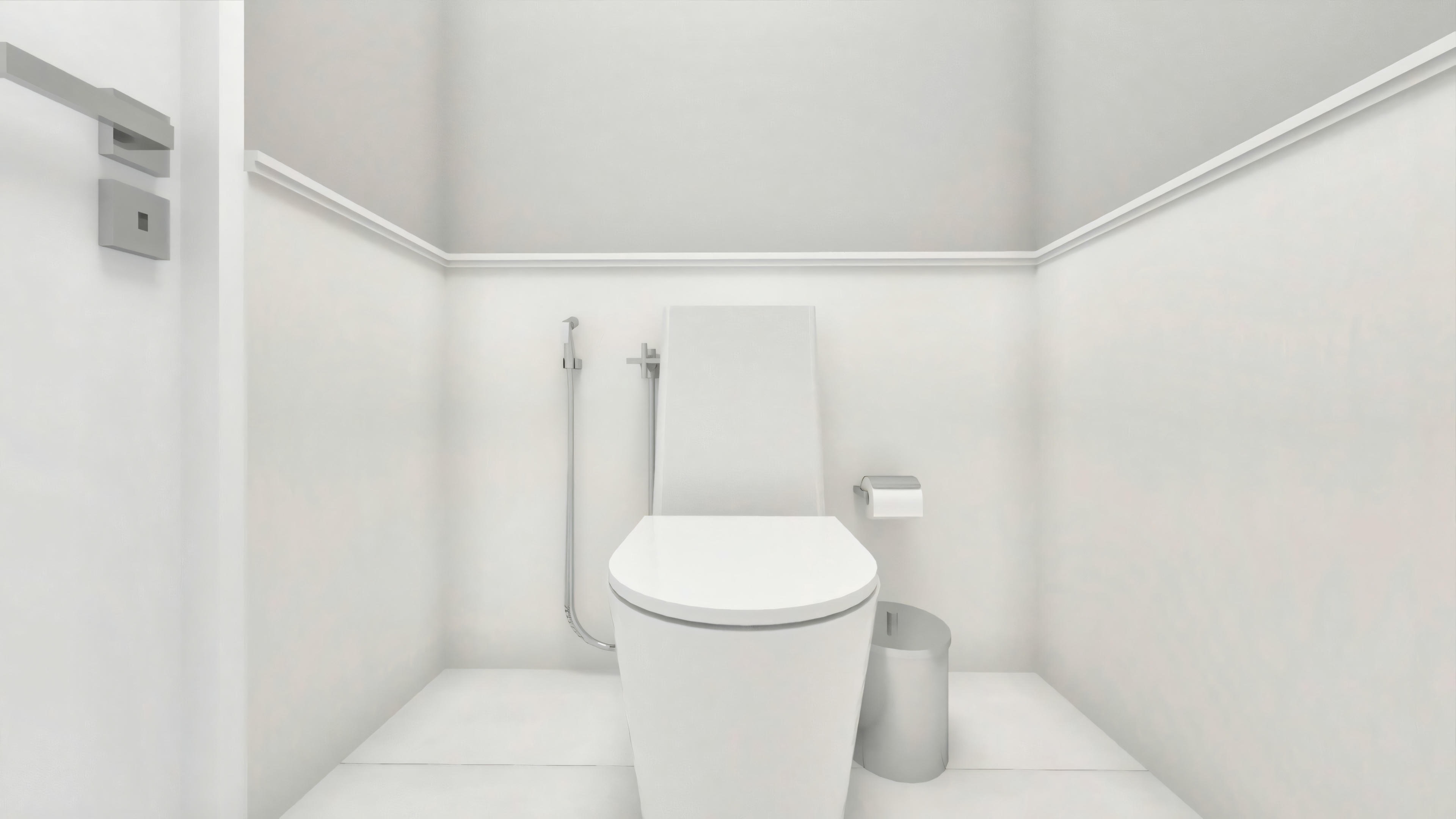 Minimalist bathroom with a toilet and tiled walls.