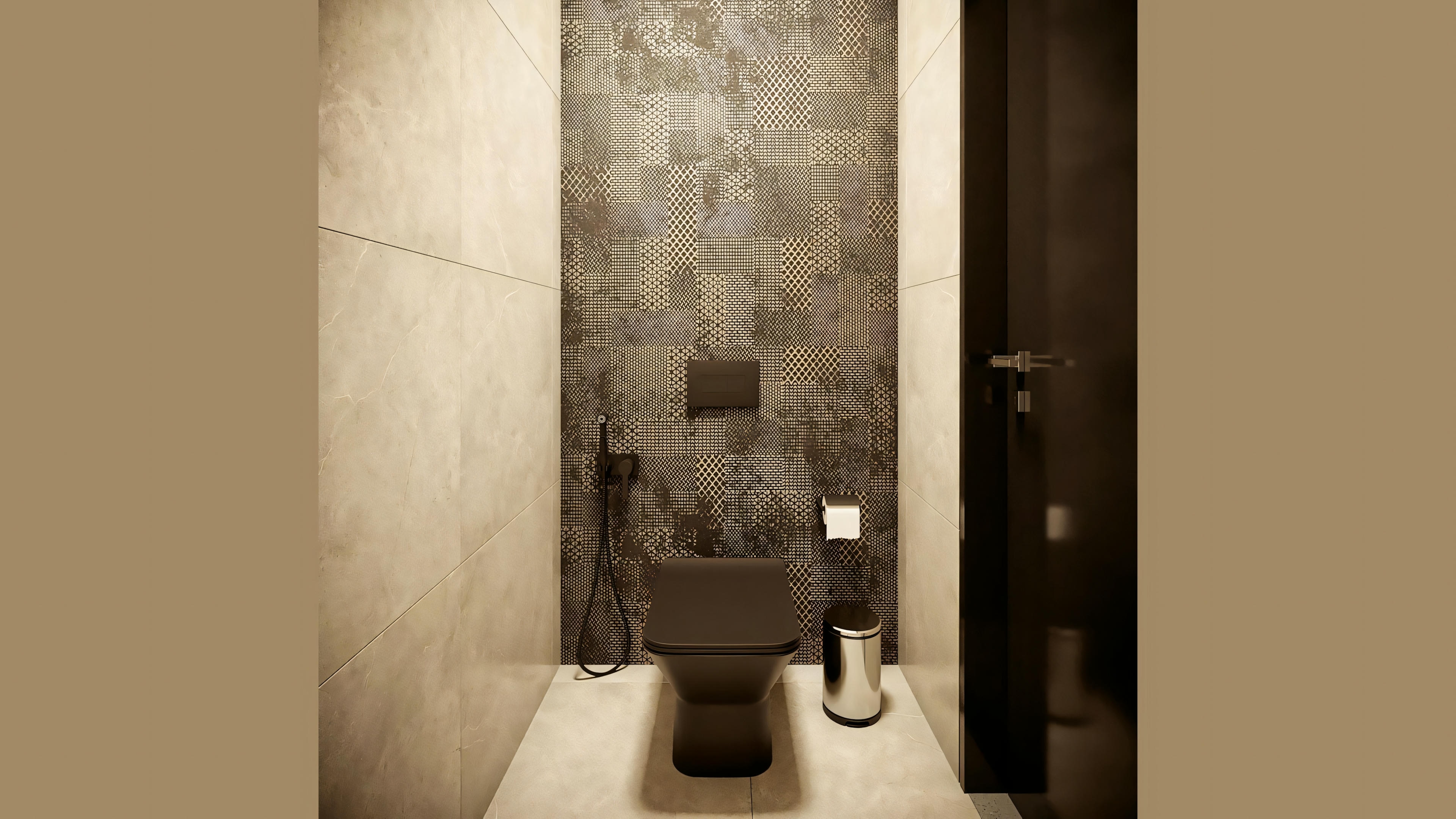 Modern bathroom with dark tiles, toilet, and shower area with glass enclosure.