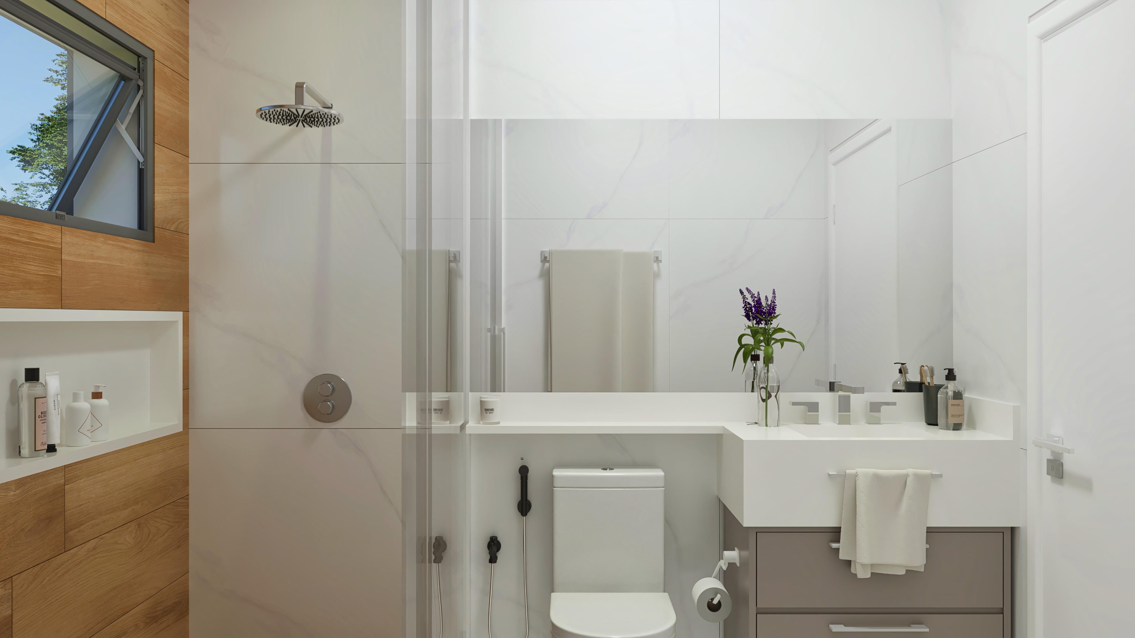 Detail of a modern bathroom with marble and wood cladding, suspended countertop, and high-quality sanitary ware.