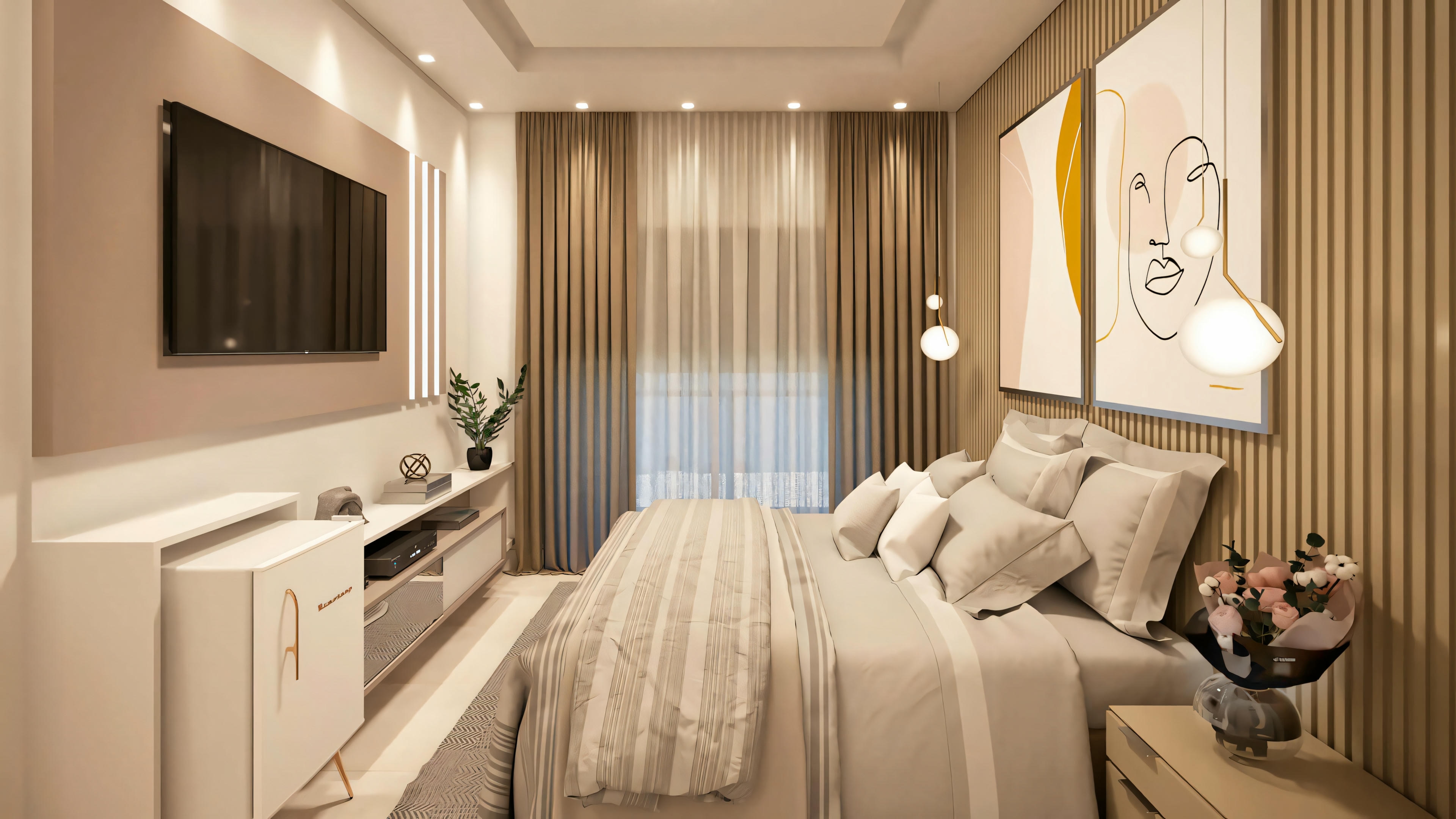 Modern bedroom with a bed, side tables, and lamps.