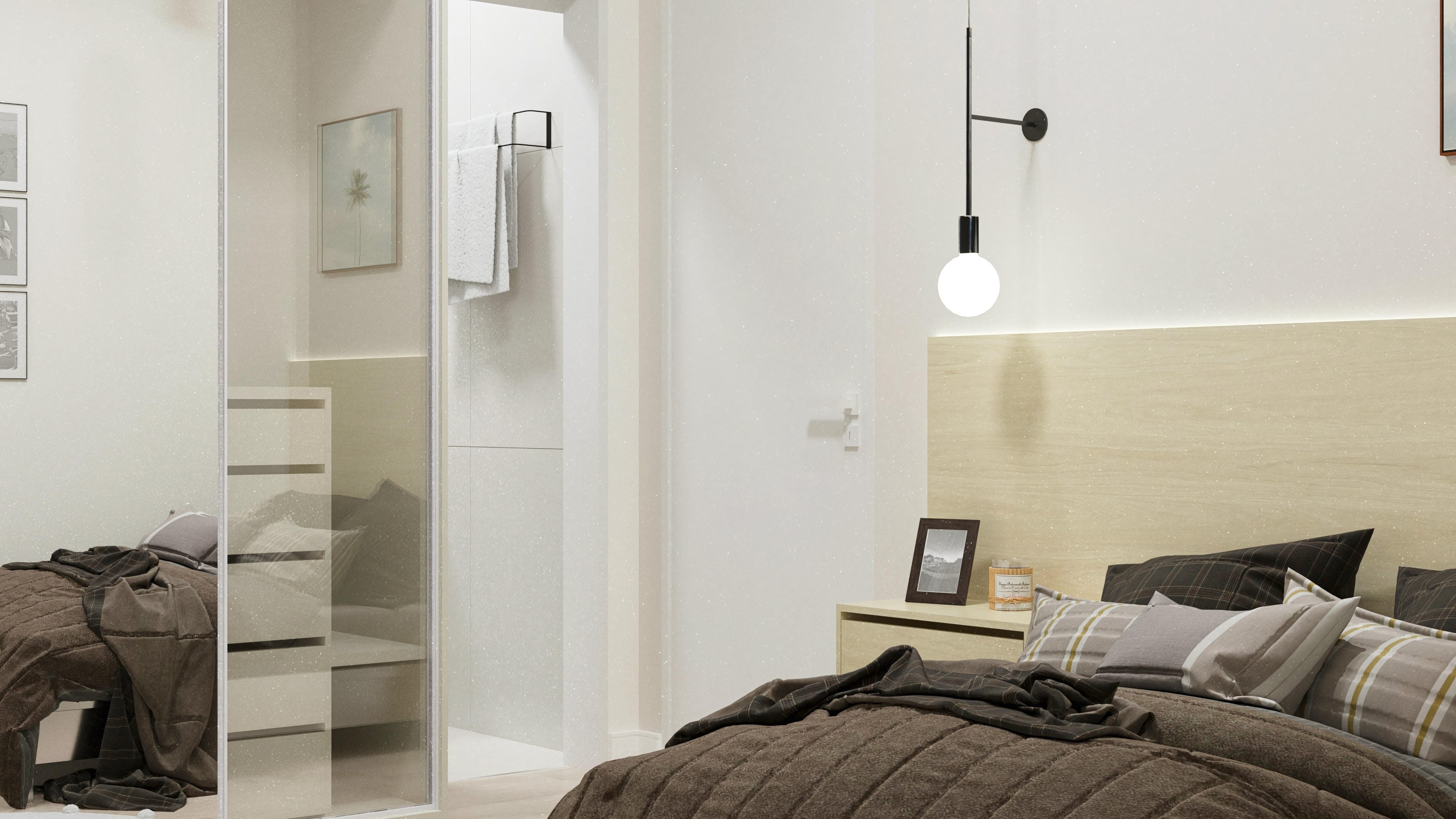 Interiors of a modern bedroom with a glass closet, subtle lighting, and a king-size bed with sheets in earthy tones.