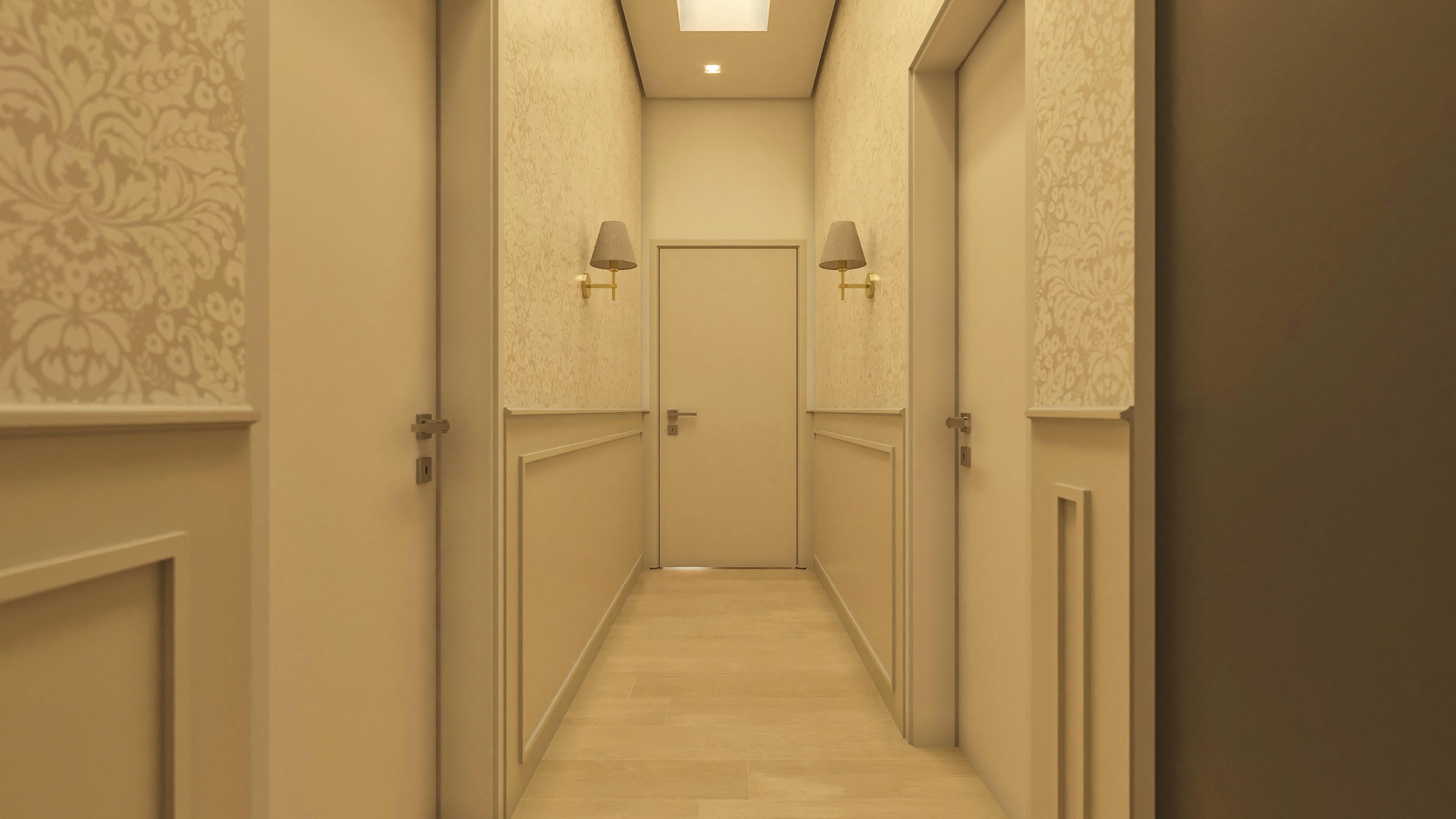 Hallway of a modern single-story house with walls covered in floral wallpaper and wainscoting, light wood floor, discreet doors, and built-in lighting and gold sconces.