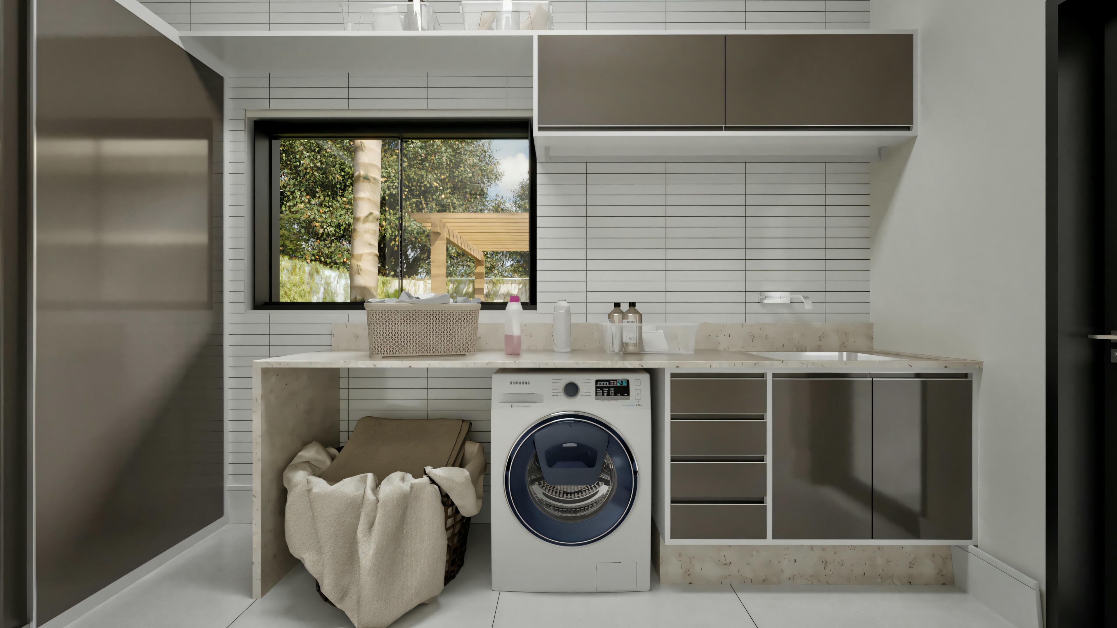 A laundry room with a washing machine on the left, shelves with towels and storage boxes in the center, and a sink on the right.