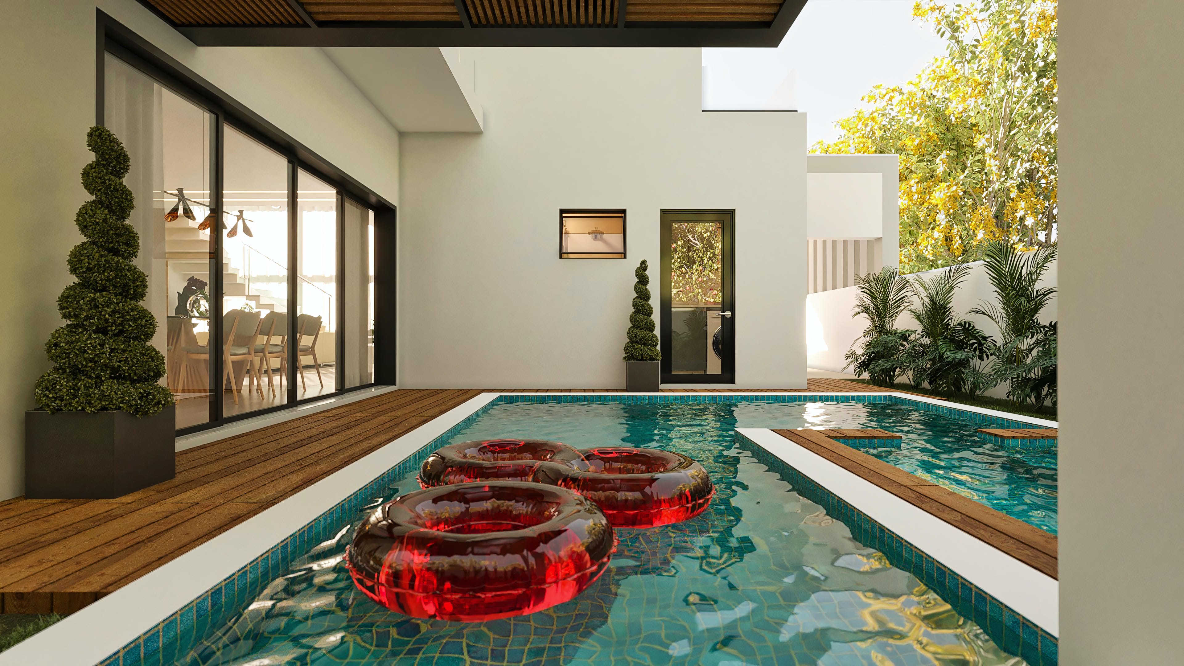 External view of a modern two-story house with pool and gourmet area. Facade with contemporary details, large leisure area with wooden deck and inviting pool.
