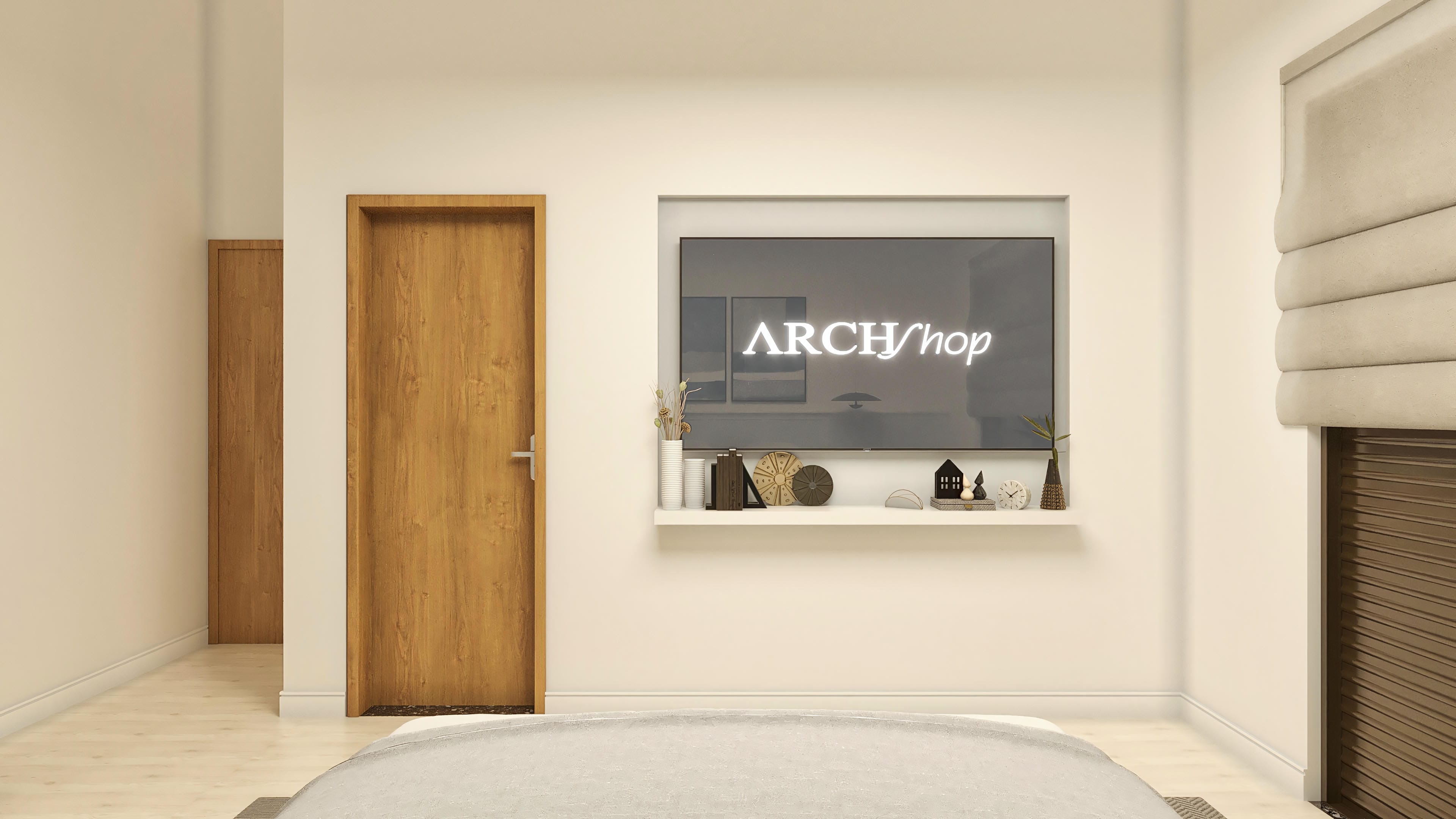 Internal detail of a modern single-story house, highlighting a wooden door with a silver handle, light floor, and a shelf with decorative objects.