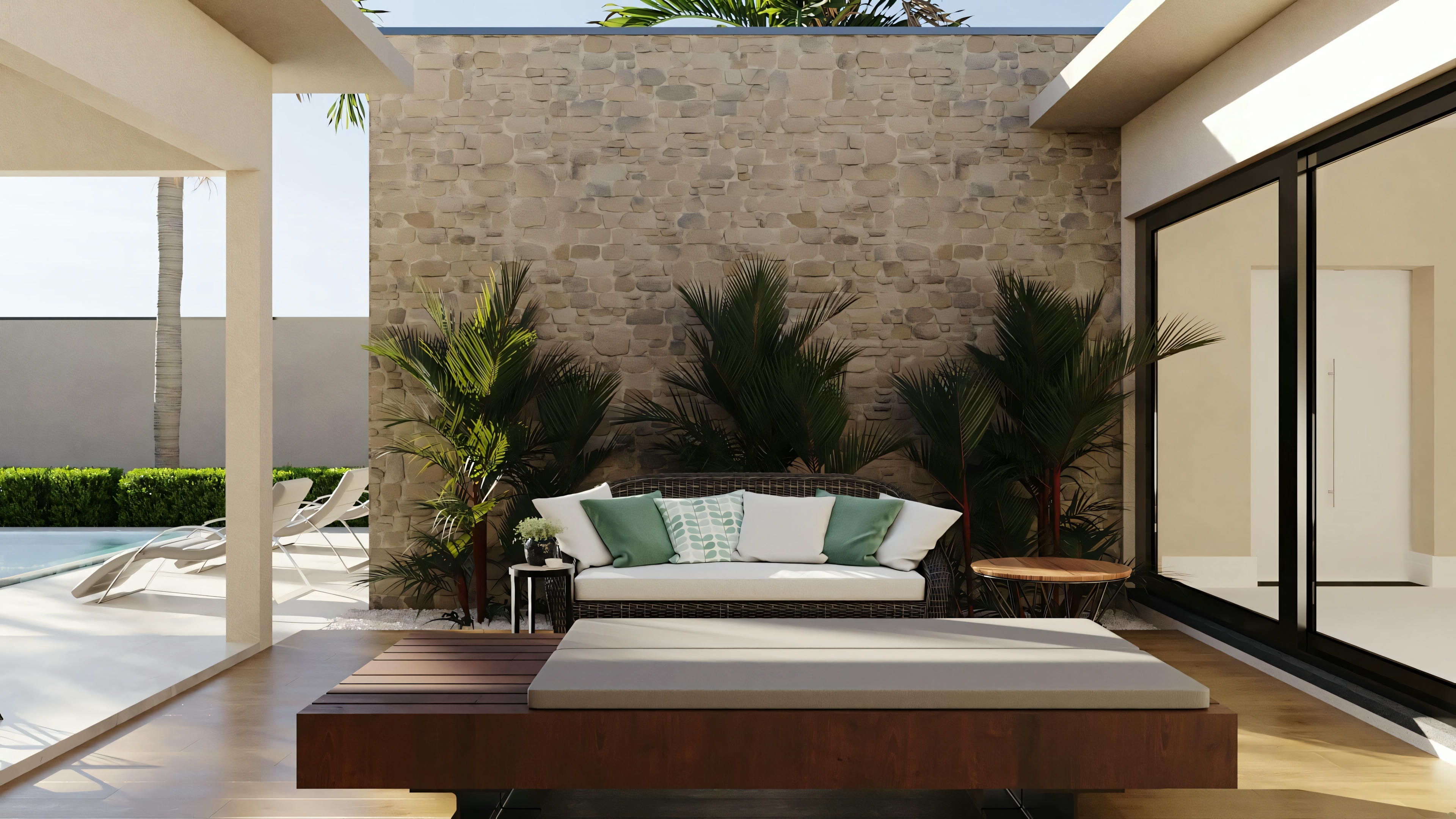 Una zona de patio al aire libre con sofá, sillas y plantas decorativas, rodeada de paredes y abierta al cielo.