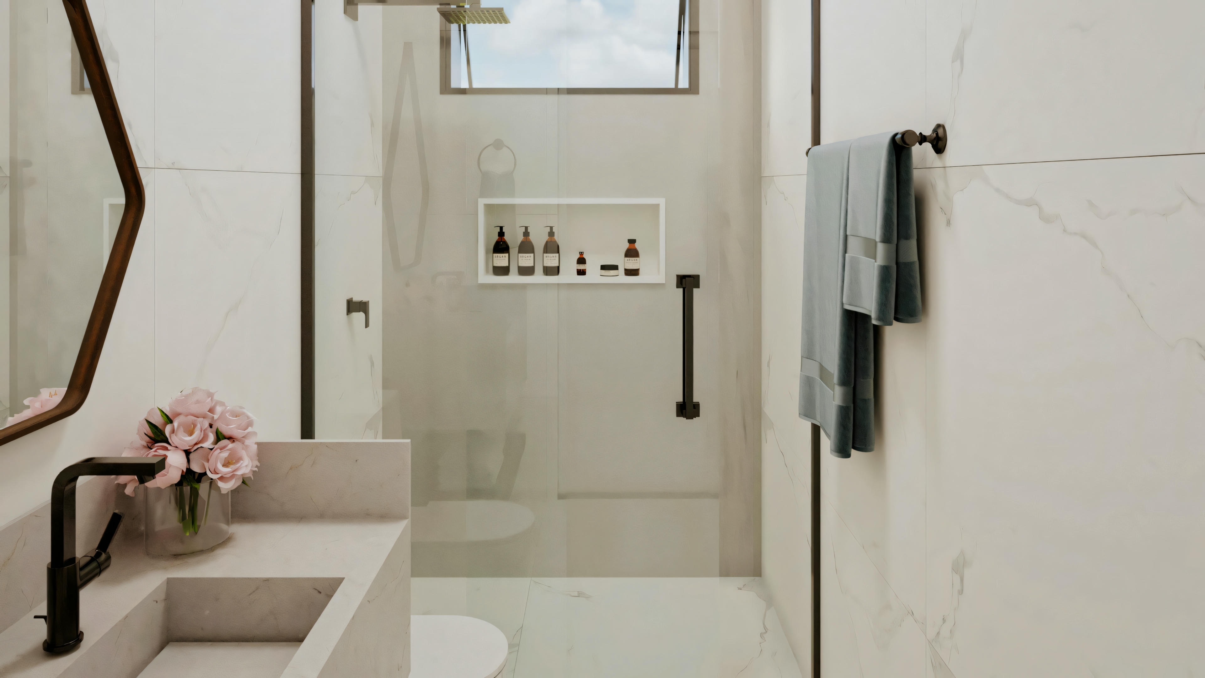 Detalle del dormitorio suite en proyecto de casa moderna, exhibiendo panel de TV blanco con molduras metálicas y estantería decorativa. Visible también puerta de madera, armario de corredera y parte de la cama. Proyecto incluye 4 suites, 7 baños, oficina, área gourmet y piscina en terreno 20x35.