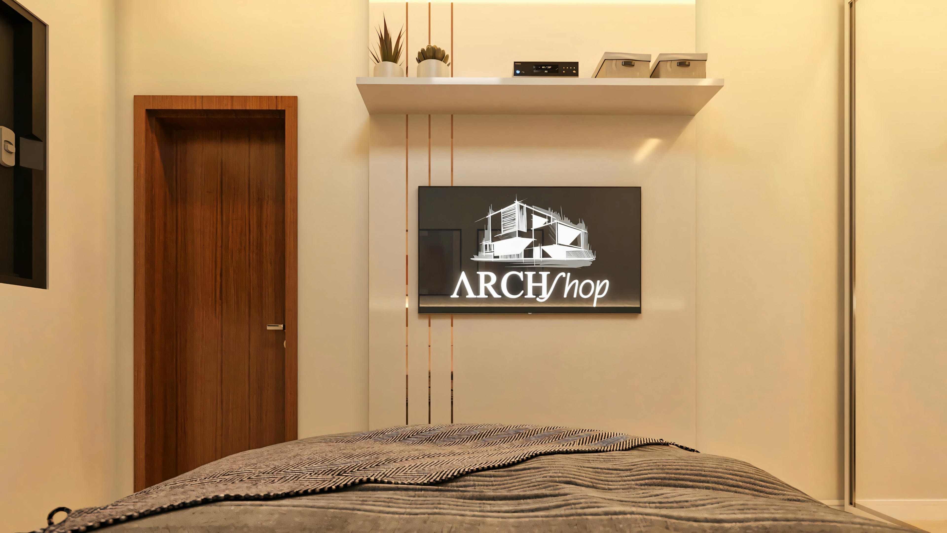 Detalle del dormitorio suite en proyecto de casa moderna, exhibiendo panel de TV blanco con frisos metálicos y estante decorativo. Visible también puerta de madera, armario de correr y parte de la cama. Proyecto incluye 4 suites, 7 baños, oficina, área gourmet y piscina en terreno 20x35.