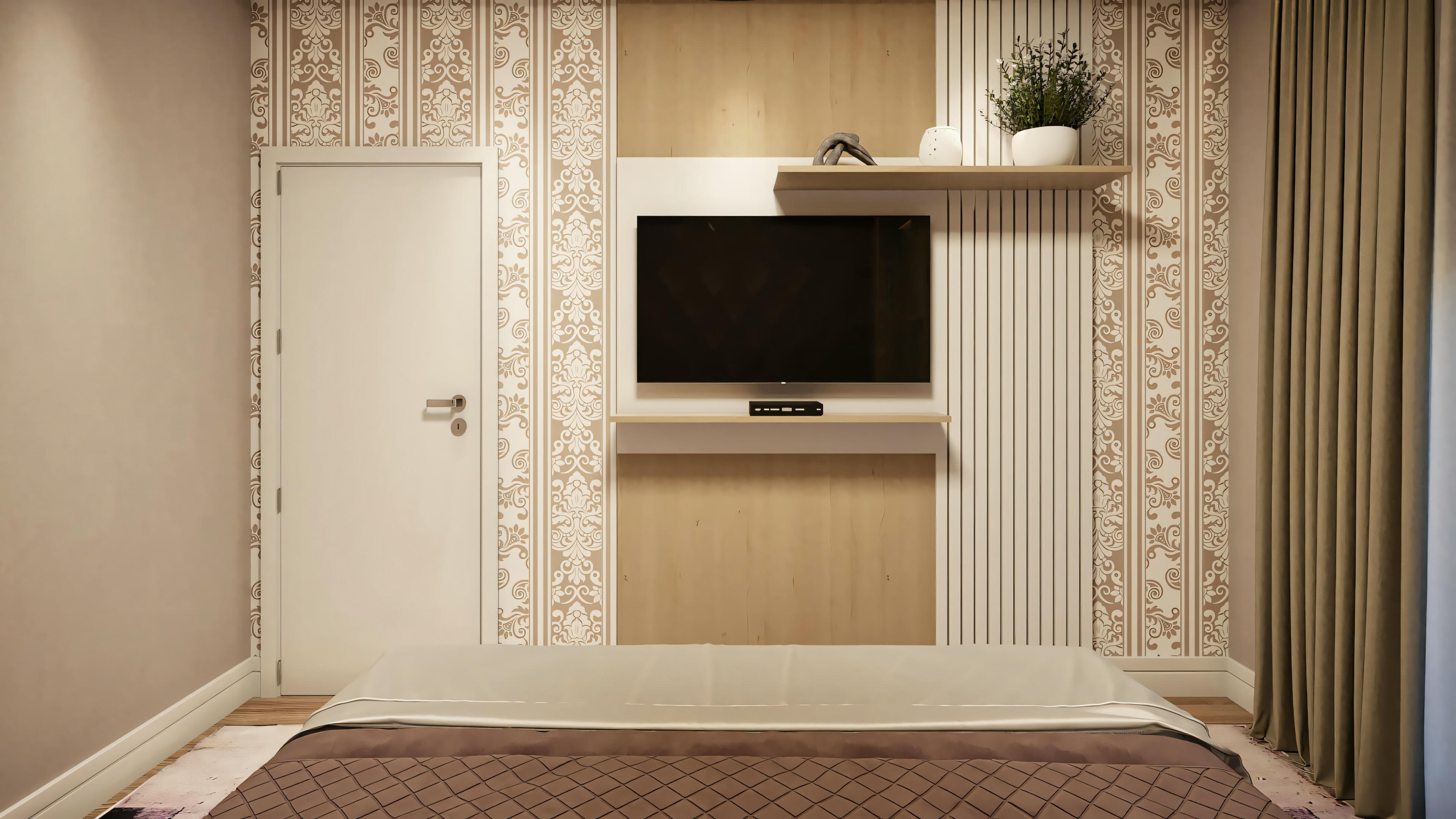 Um quarto moderno com cama, televisão montada na parede e papel de parede padronizado.