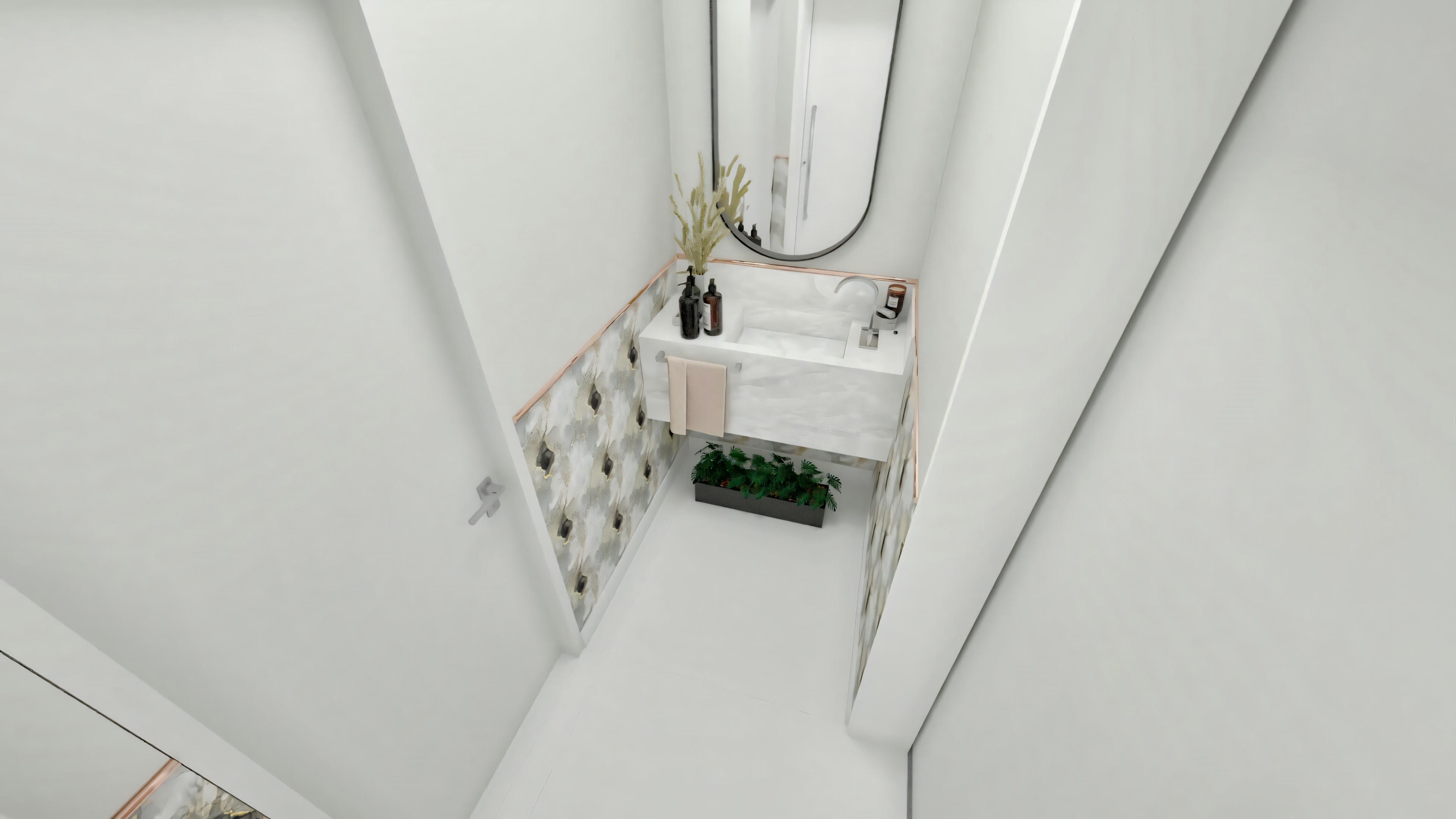 View entering the powder room of a ready-made project with 5 suites, highlighting the stone countertop with a sculpted sink in the background, vertical mirror, decorative covering on the side walls, and planter on the floor.