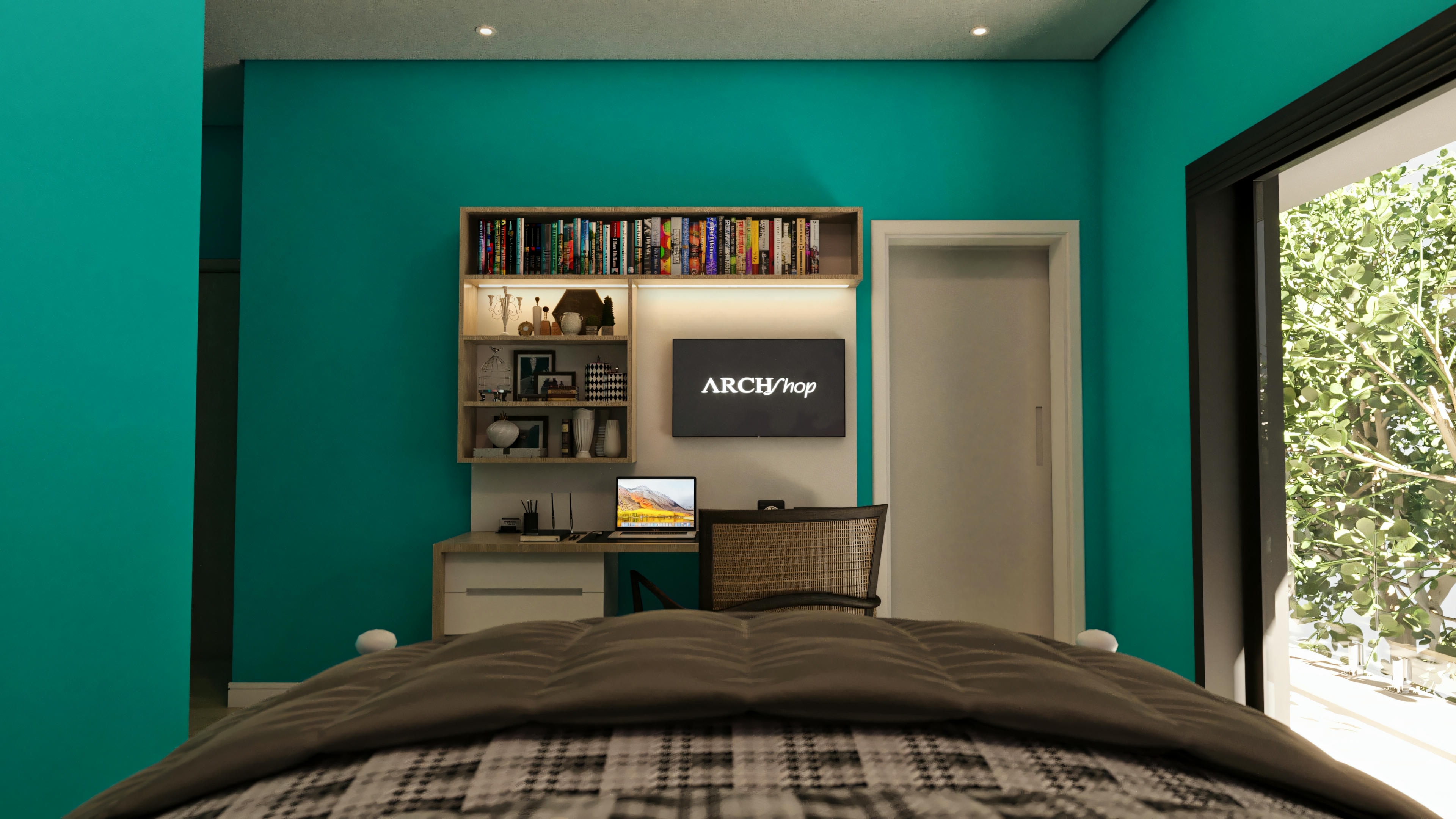 Vista a partir da cama na suíte colorida em casa de alto padrão com 5 quartos, mostrando a área de estudo com escrivaninha, TV, prateleiras e porta de entrada/banheiro.