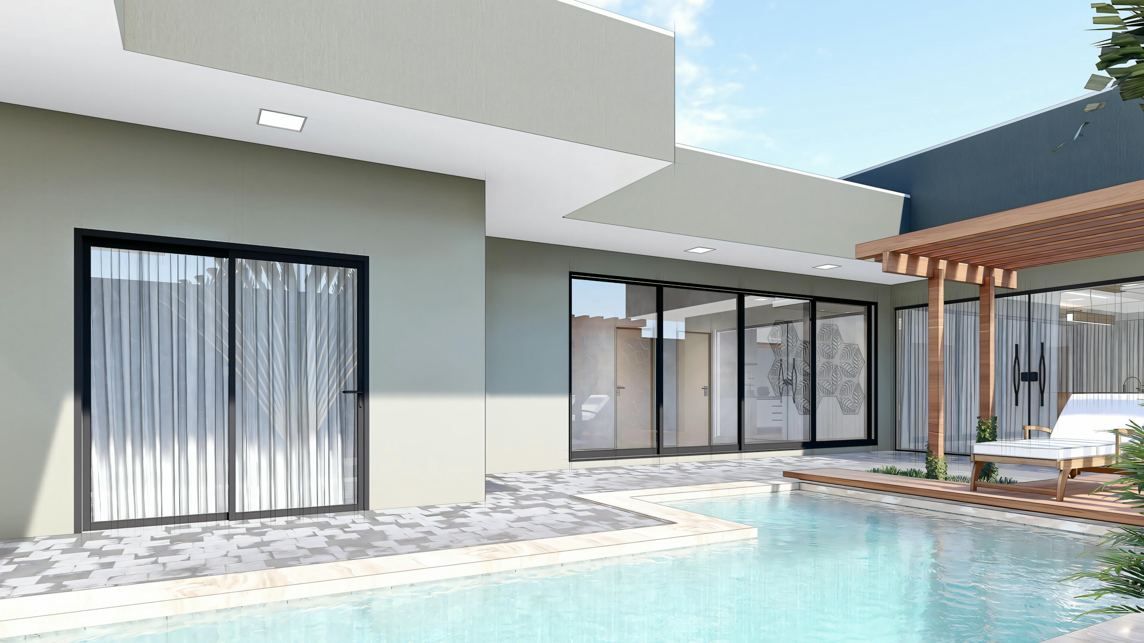 Renderização 3D de um espaço residencial ao ar livre com piscina, área de estar e vegetação.