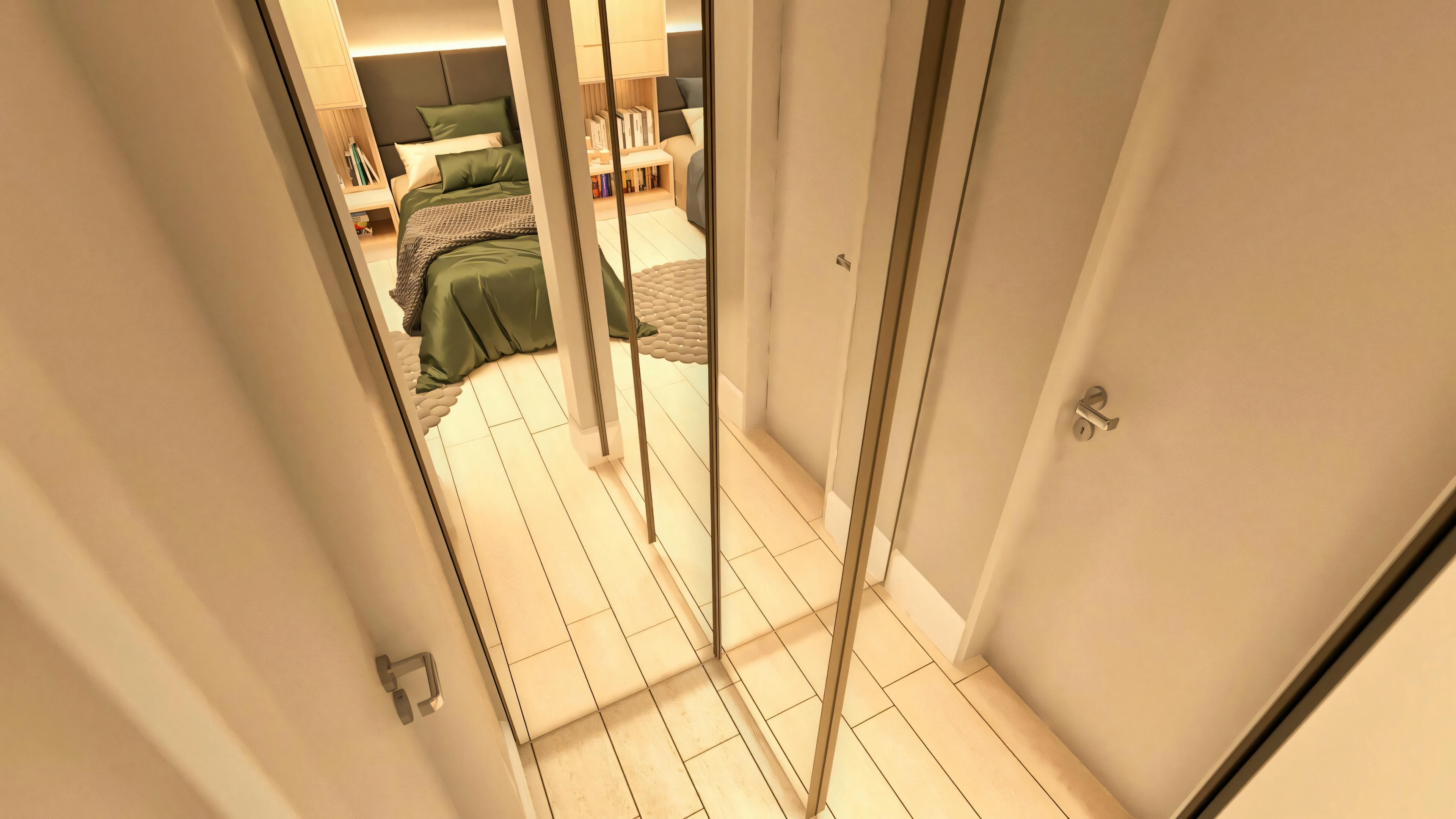 Detalle del armario con puertas espejadas en una de las 3 suites de la casa de planta baja. El espejo refleja una de las camas del dormitorio. Proyecto de casa de planta baja con 3 suites.