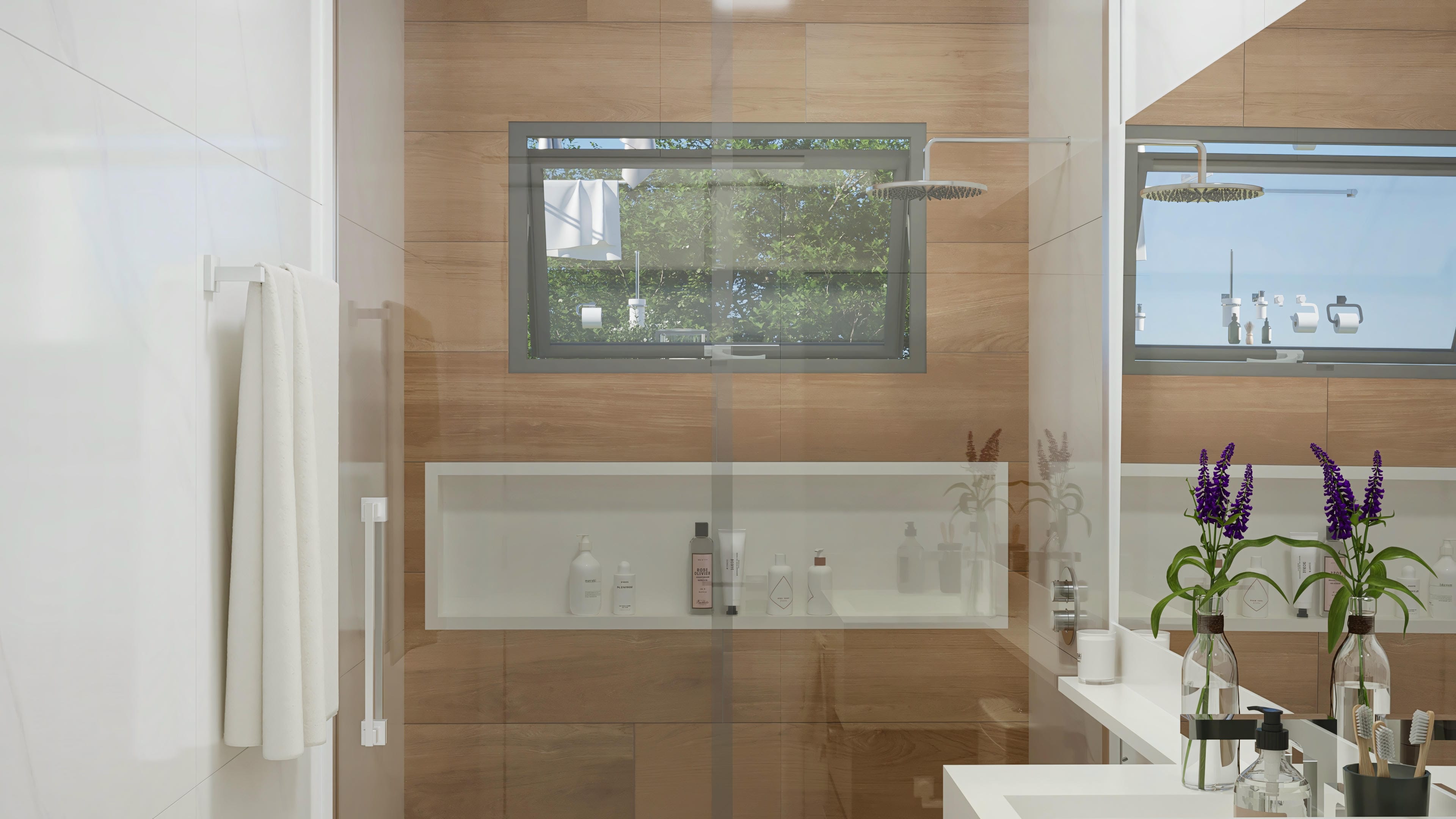 Detalhe de banheiro moderno com revestimento em madeira clara, nicho com produtos de higiene e espelho. Destaque para a ducha e a janela com vista para área verde.