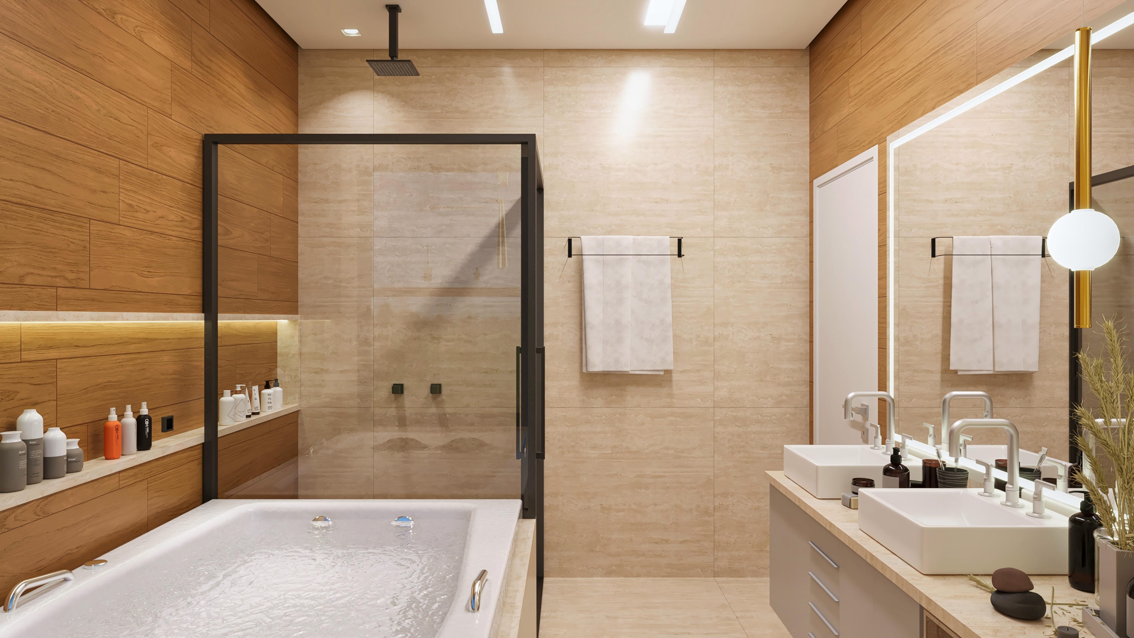 Interior de un baño moderno con bañera de hidromasaje, paredes revestidas en mármol y detalles en madera.