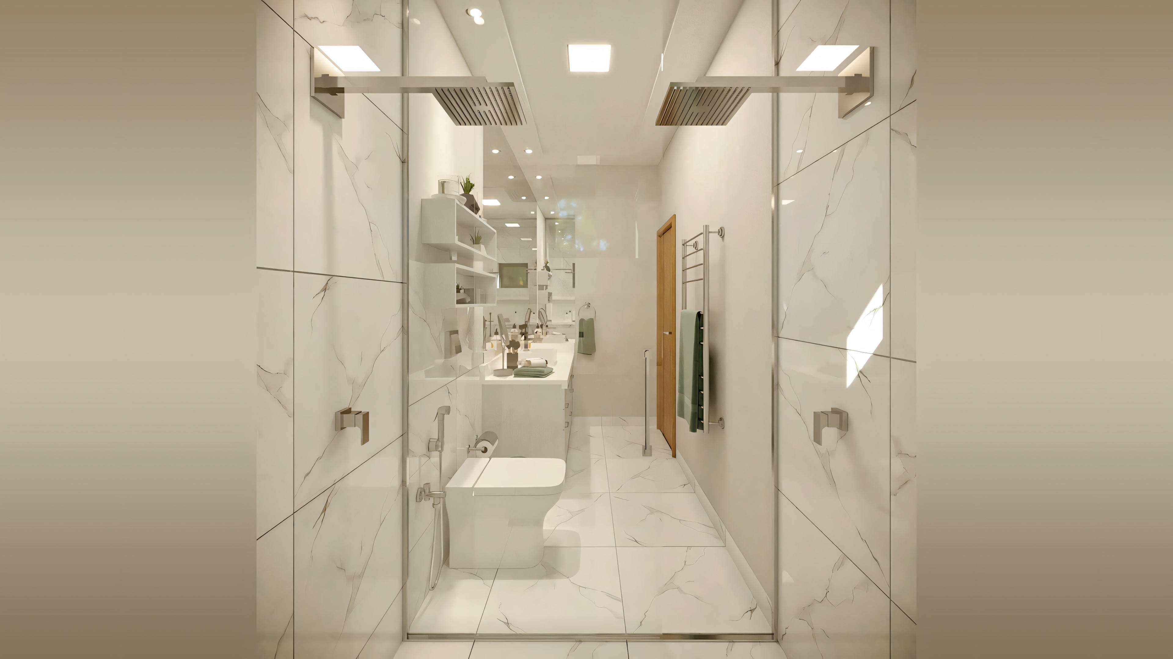 Un baño moderno con mampara de ducha de cristal, inodoro y bidé, todo en blanco, con azulejos beige.