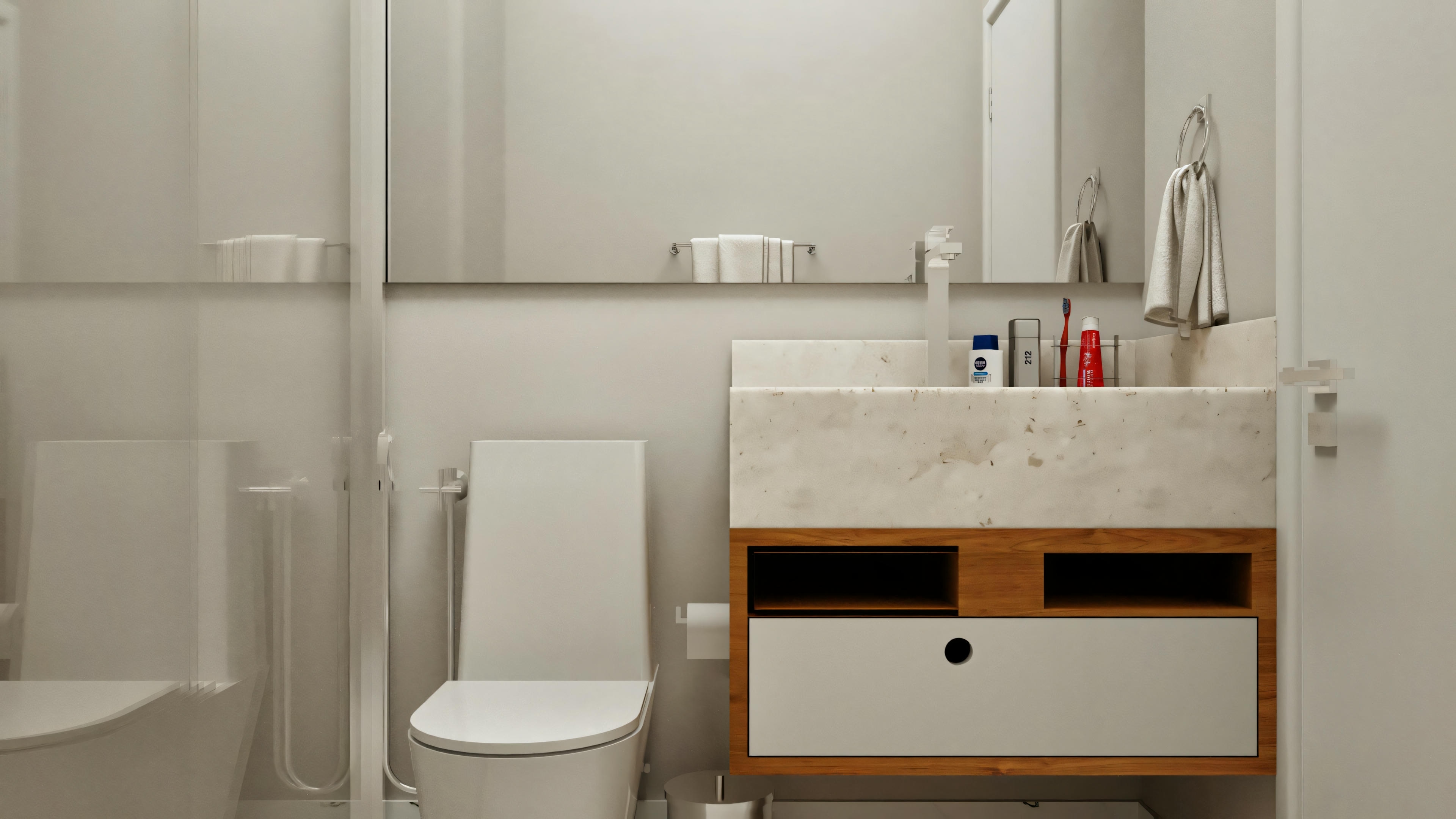 Baño moderno con encimera de mármol, mueble con madera y laca blanca, espejo y mampara de ducha, parte de una casa de planta baja moderna con 4 suites y 316.98m².