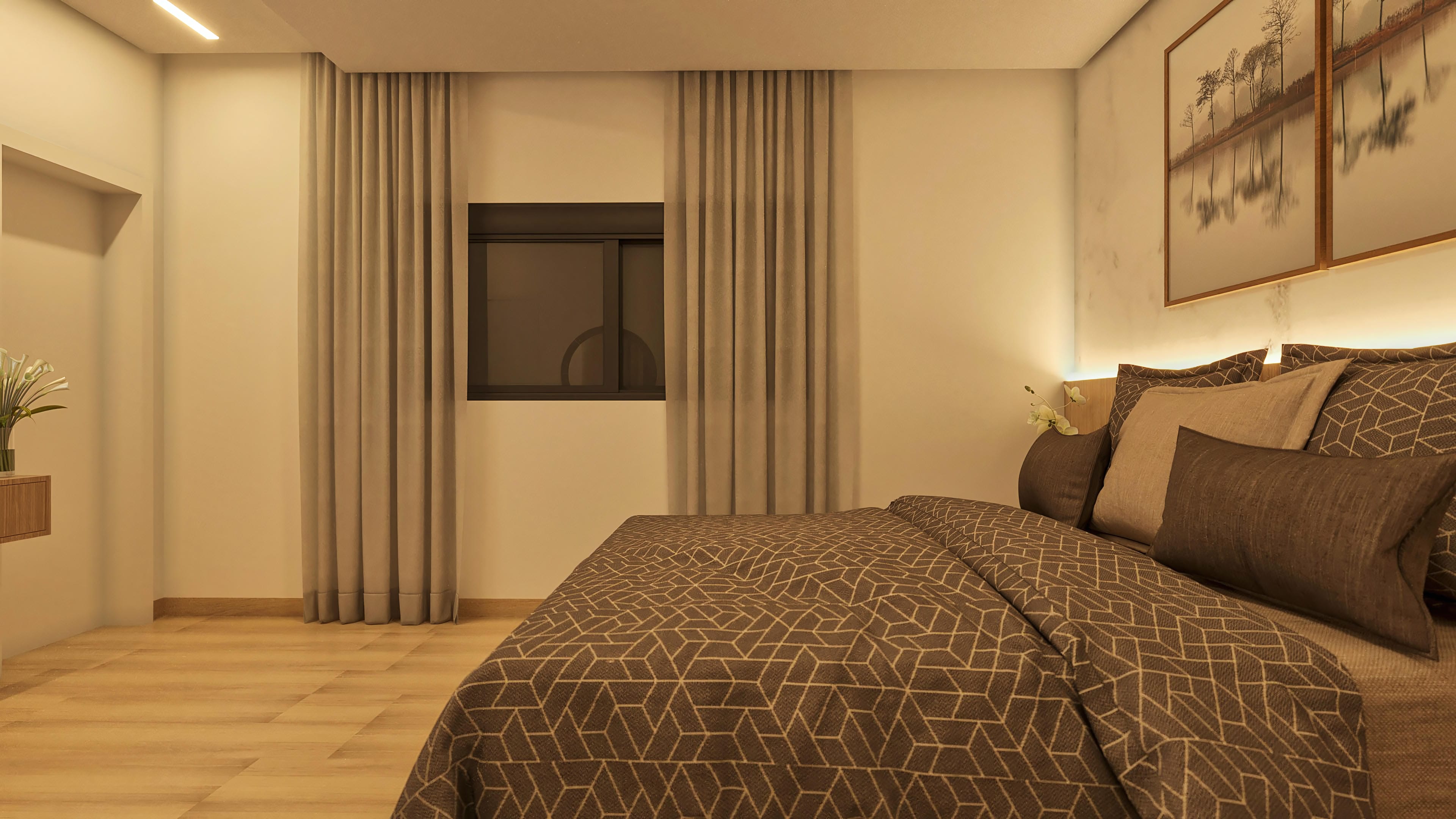 Elegant bedroom with indirect lighting, wooden floor, neutral curtains, and bed with printed sheet.