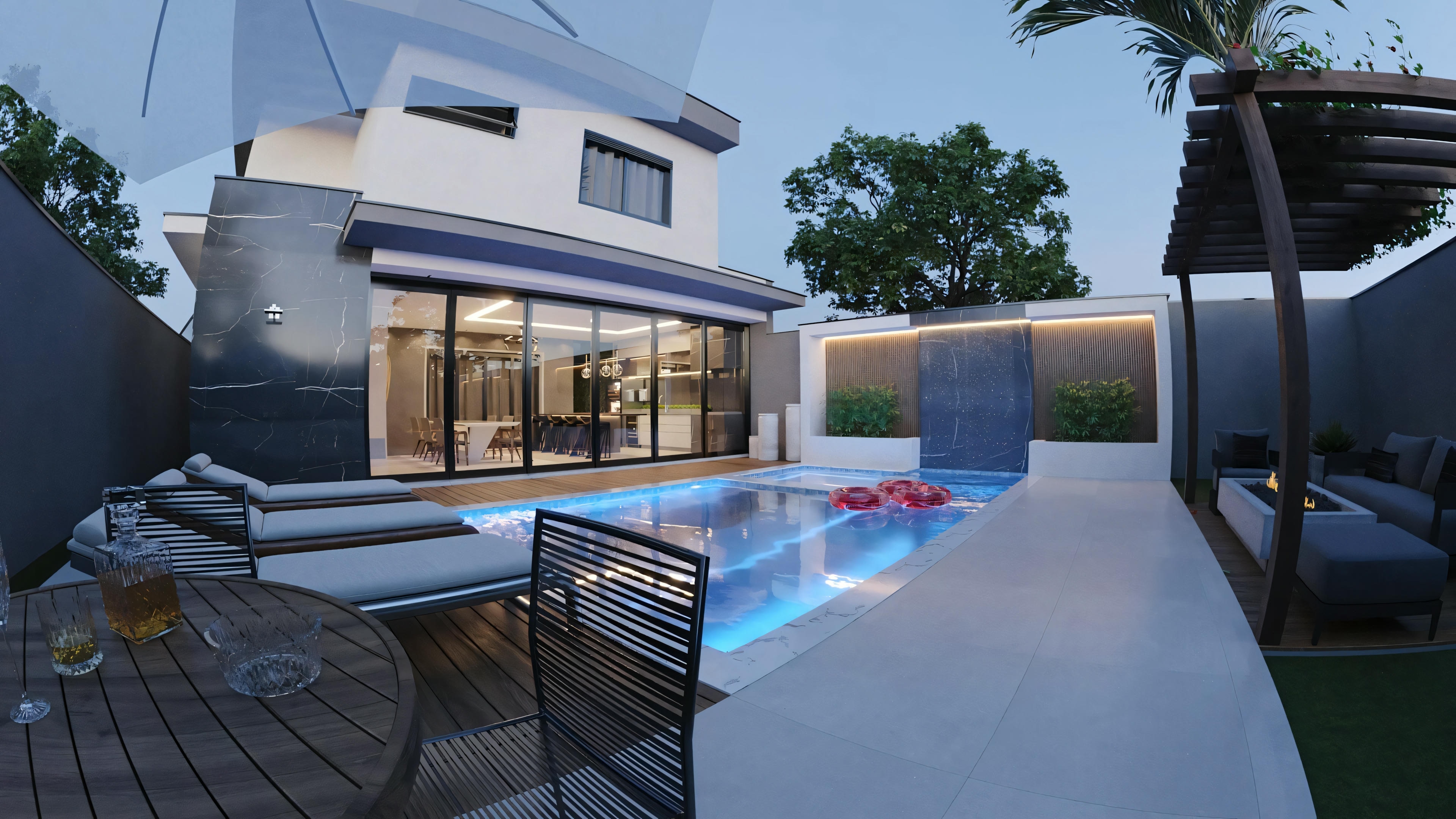 Uma casa com piscina e iluminação noturna, realçando o design arquitetônico e a ambientação.