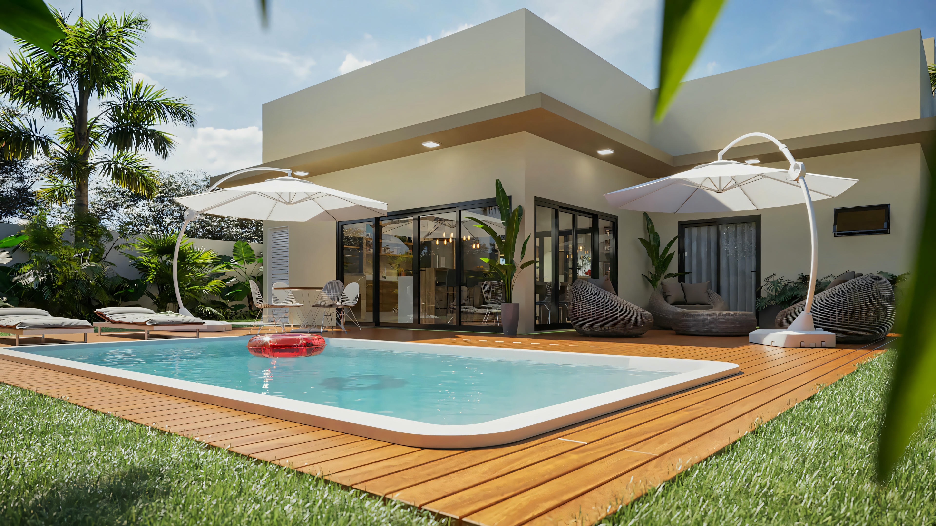 Vista del área de recreo com piscina y deck de madera en proyecto listo de casa de planta baja con 2 suites y área gourmet integrada.