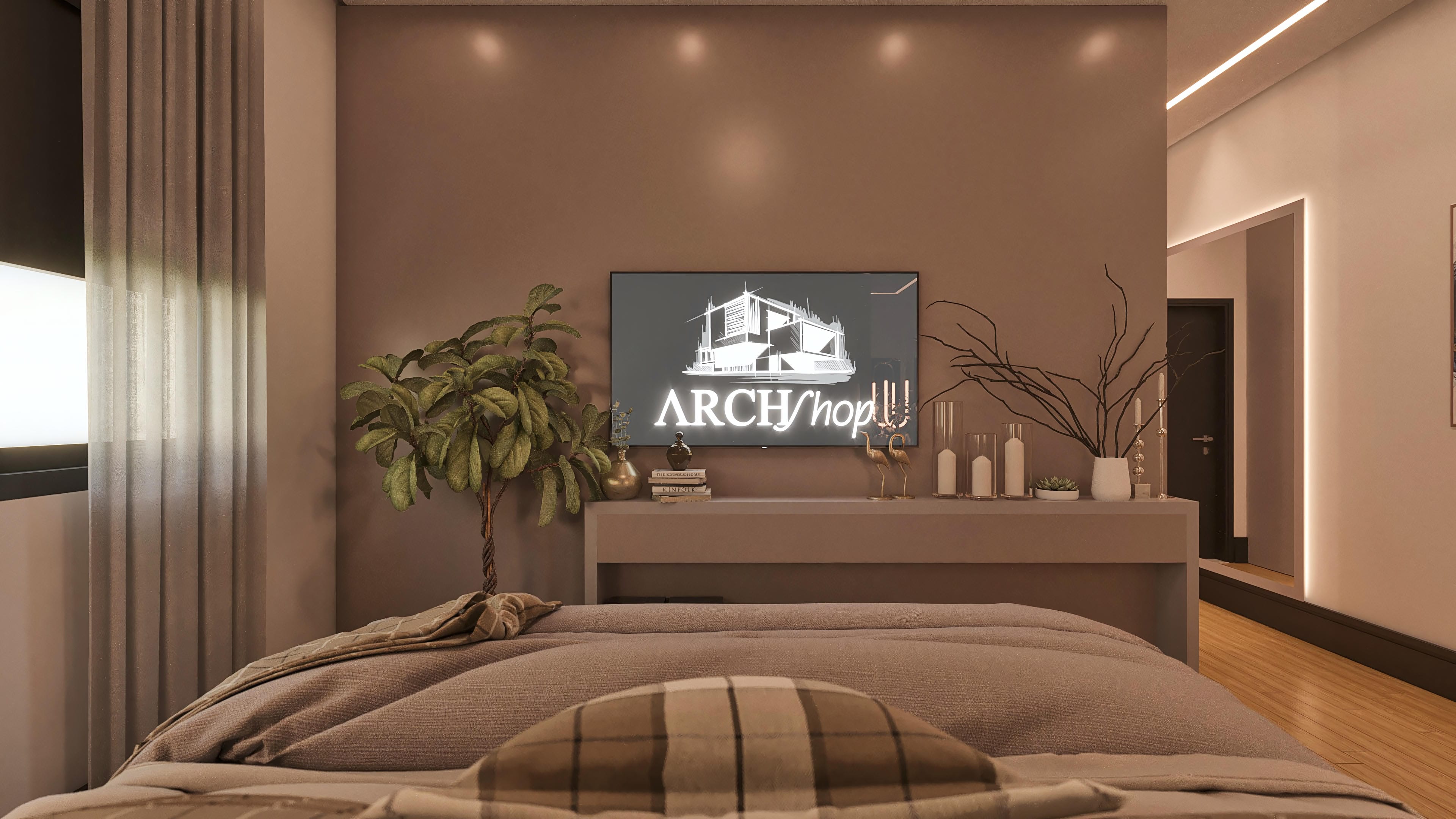 Interior moderno de casa de una planta con decoración minimalista, destacando una cama espaciosa, panel de TV con iluminación empotrada y detalles en tonos tierra.