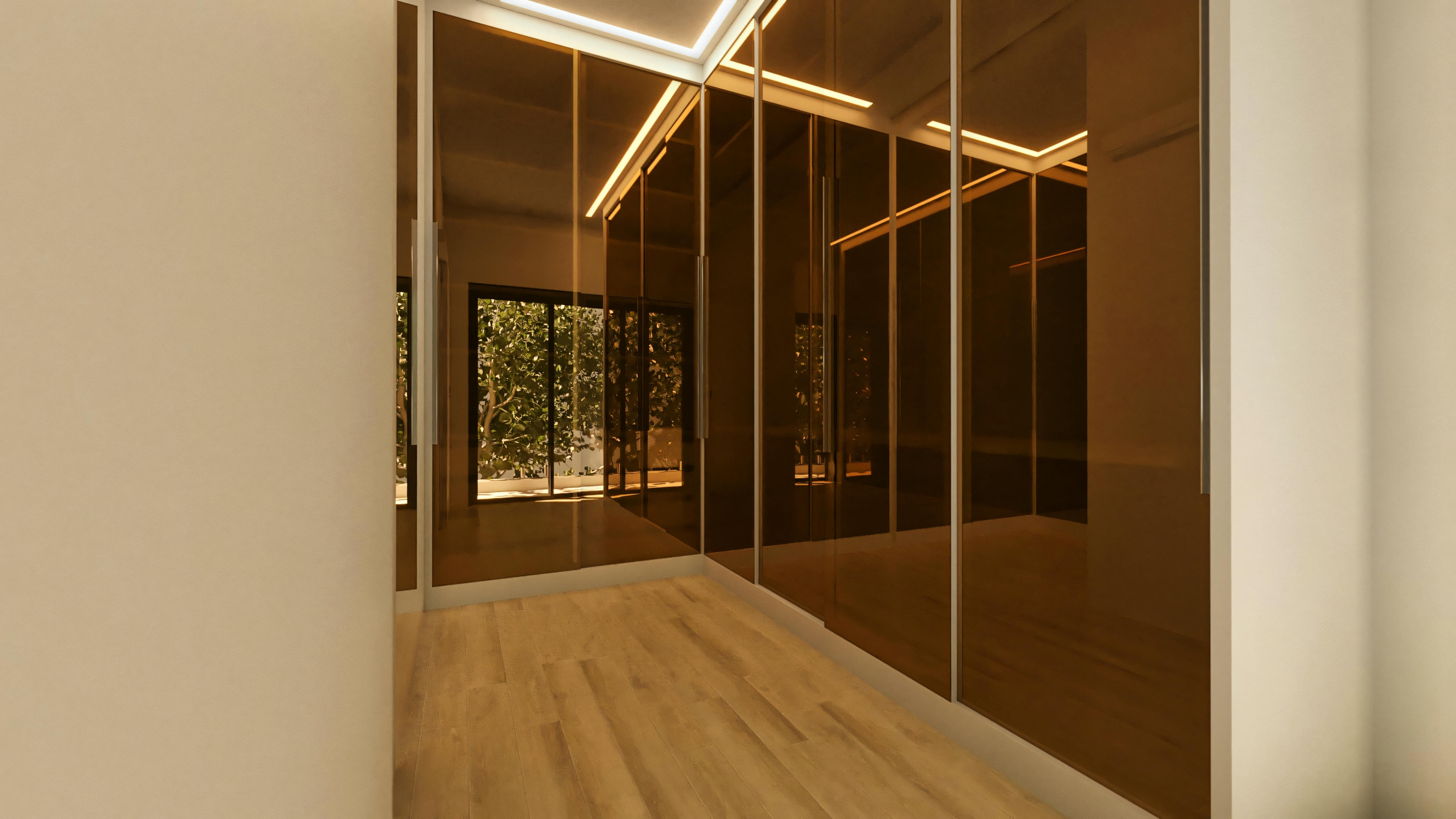 Closet espaçoso em suíte de casa de alto padrão com 5 quartos, com armários de portas espelhadas em tom bronze e iluminação embutida.