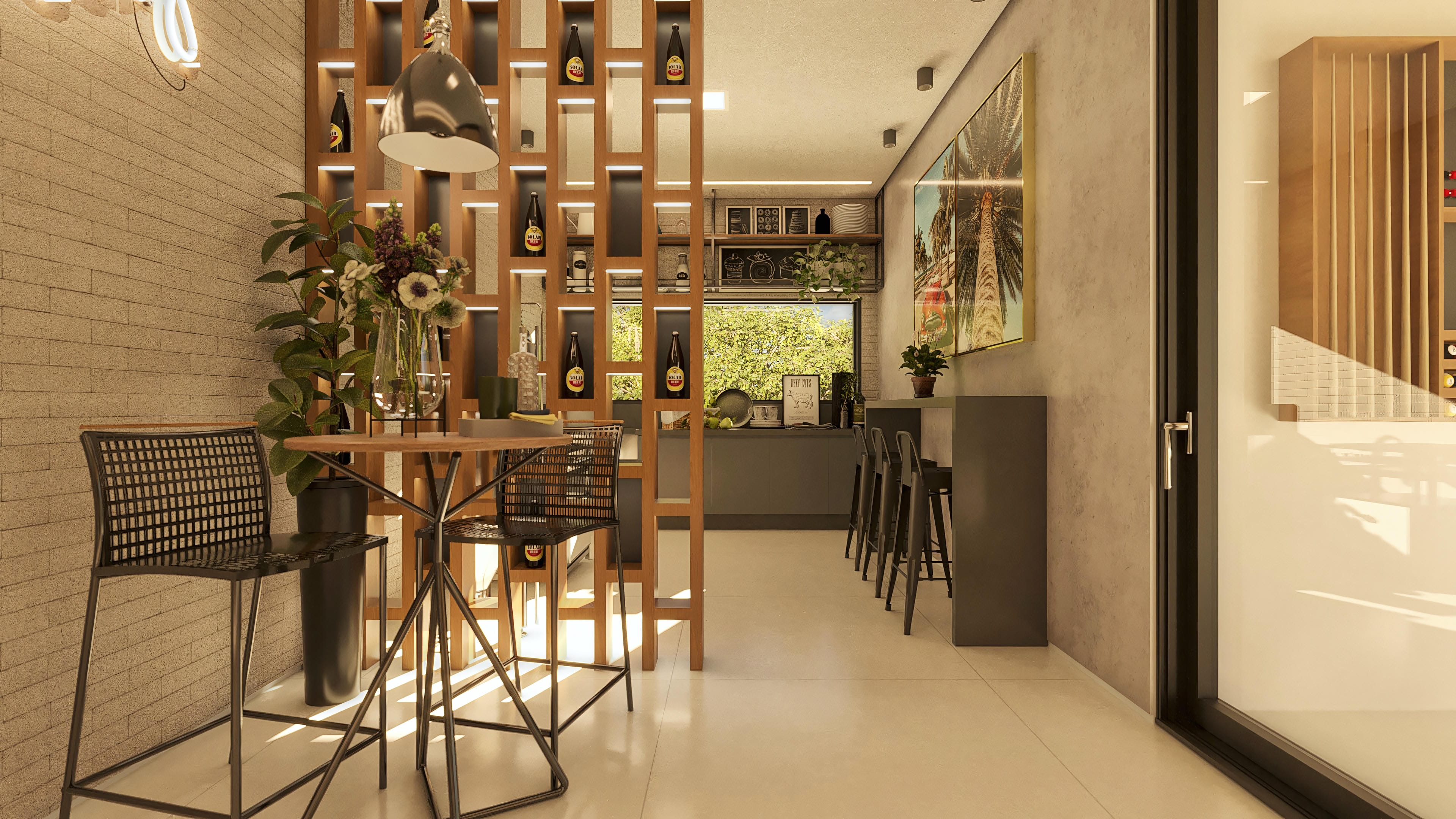 Ambiente interior de casa de alto nivel con cocina integrada, área gourmet y mampara de madera calada con iluminación empotrada.