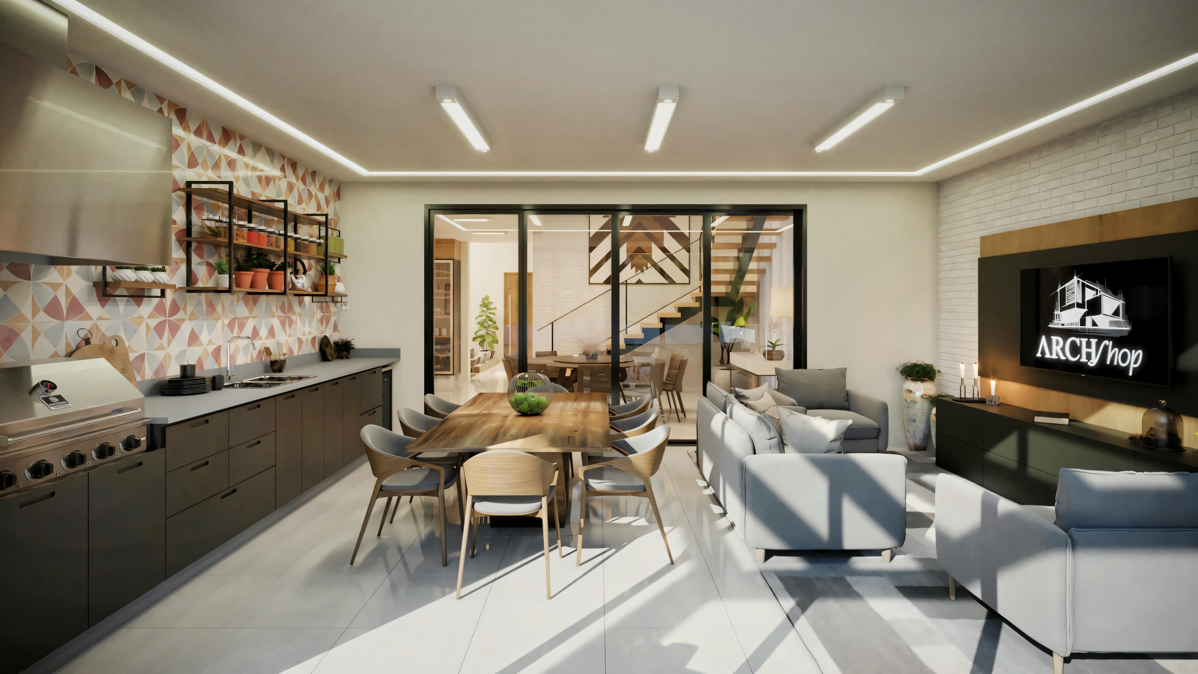 Una cocina con armarios blancos, isla central con taburetes y mesa de comedor para seis personas.