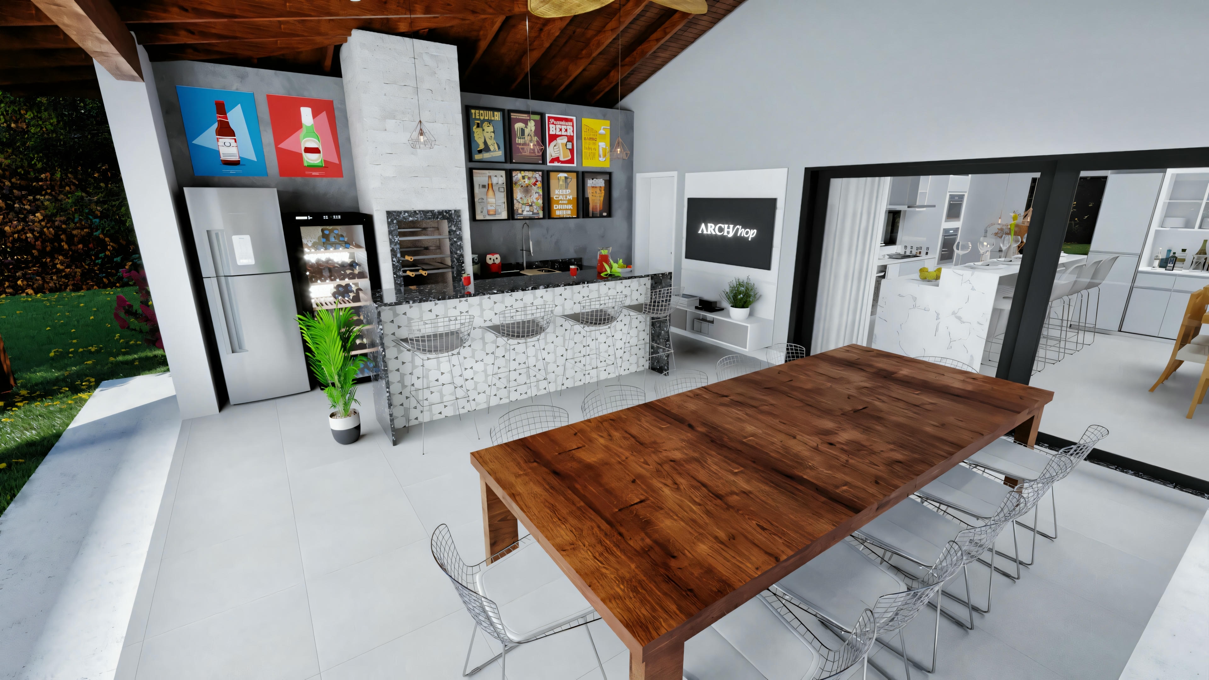 Cocina moderna con una gran isla con encimera de madera y taburetes, armarios blancos, electrodomésticos de acero inoxidable y una televisión montada en la pared.