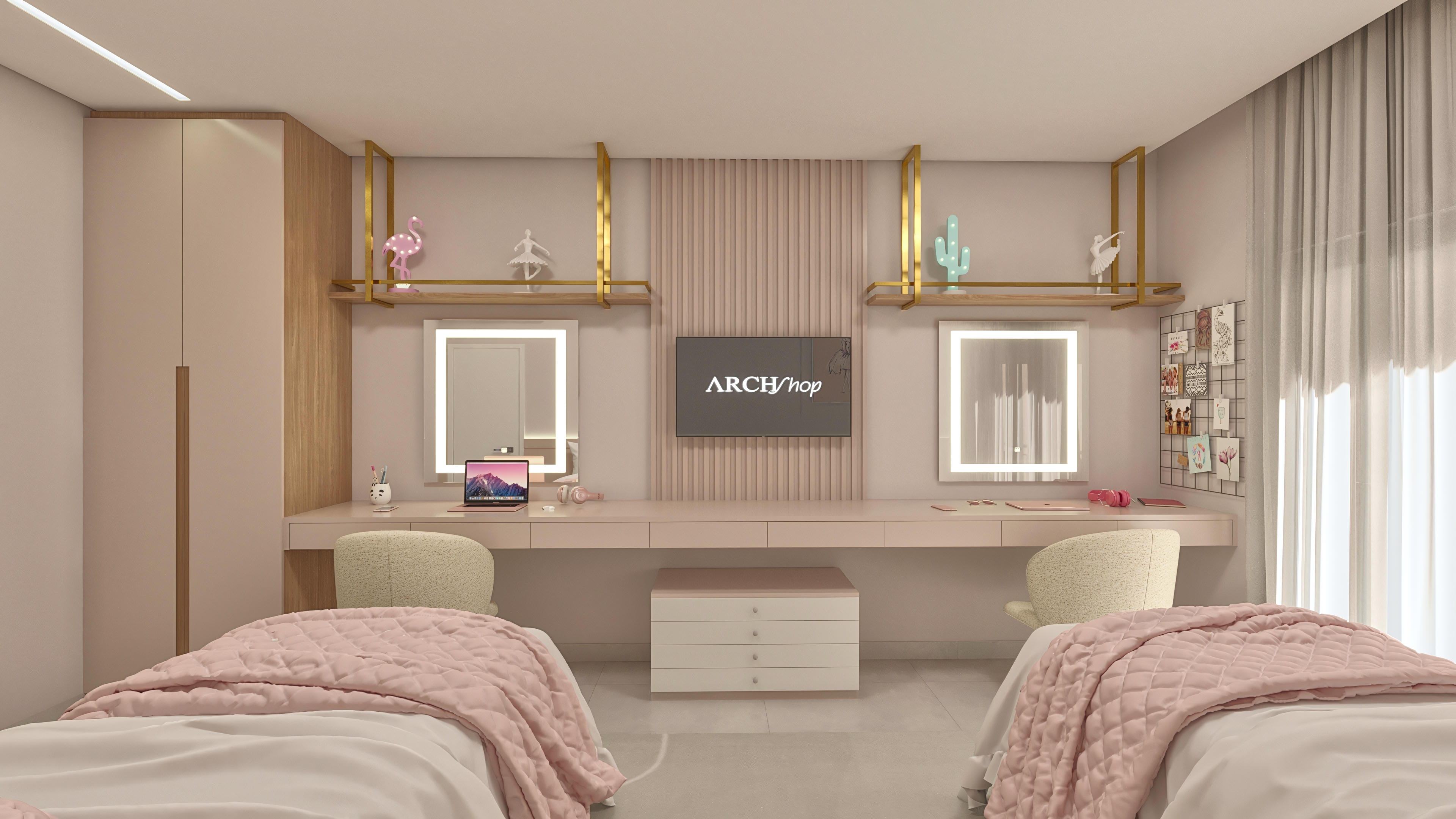 Interior of a custom children's bedroom with two beds, a large office with illuminated mirrors, decorative niches, and indirect lighting. Modern design in pastel tones.