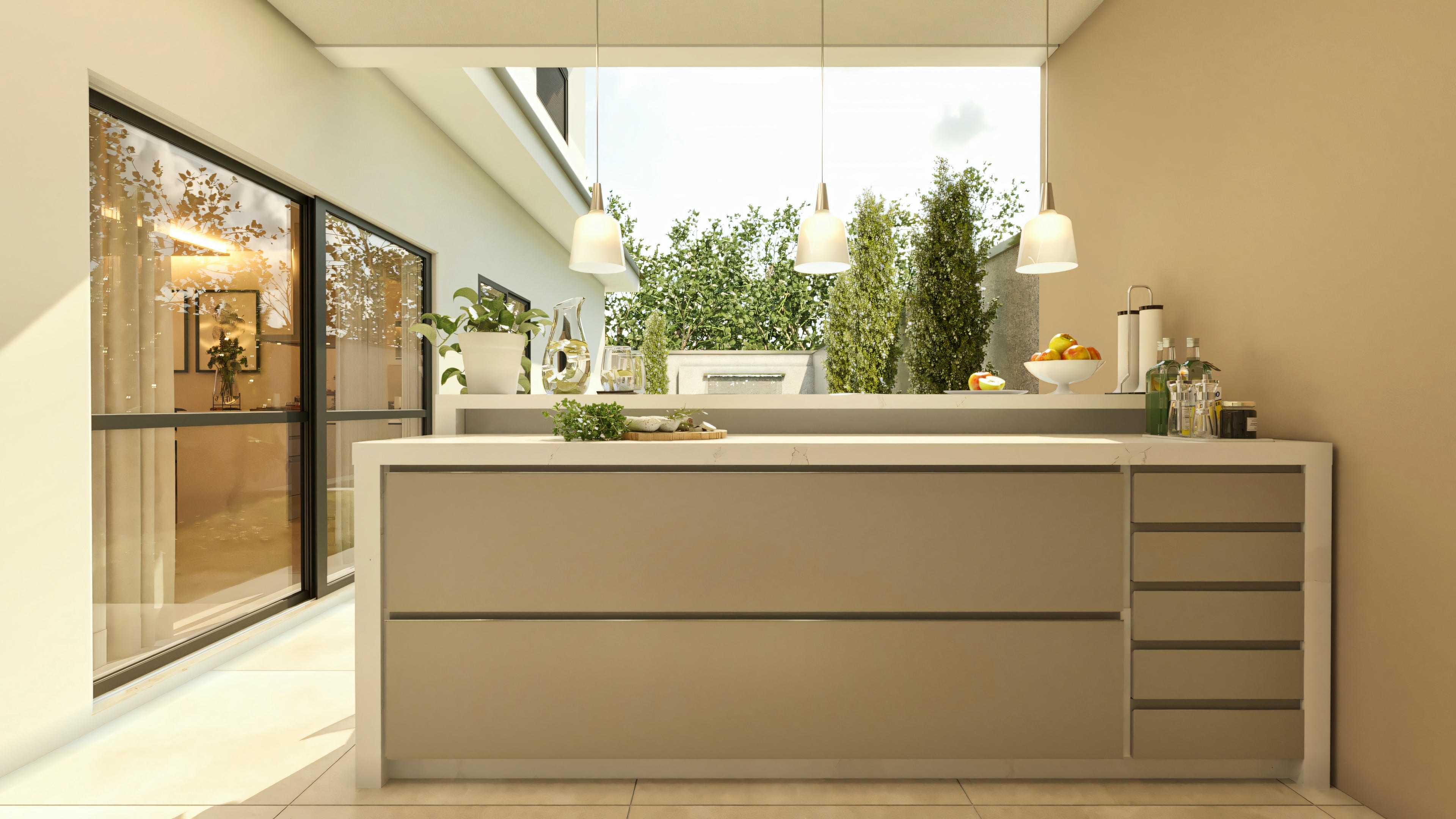 Vista posterior de la encimera en el área gourmet de la casa de dos plantas moderna, con armarios y cajones, mostrando la integración con el área externa ajardinada y acceso a la casa por puerta de vidrio.